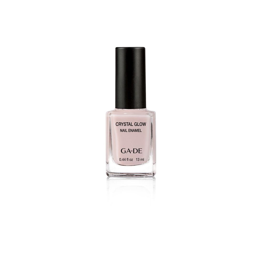 Ga-De Crystal Glow Nagellack. Flasche mit rosa Inhalt, schwarzem Deckel. Aufschrift: Crystal Glow, Nail Enamel, GA-DE.