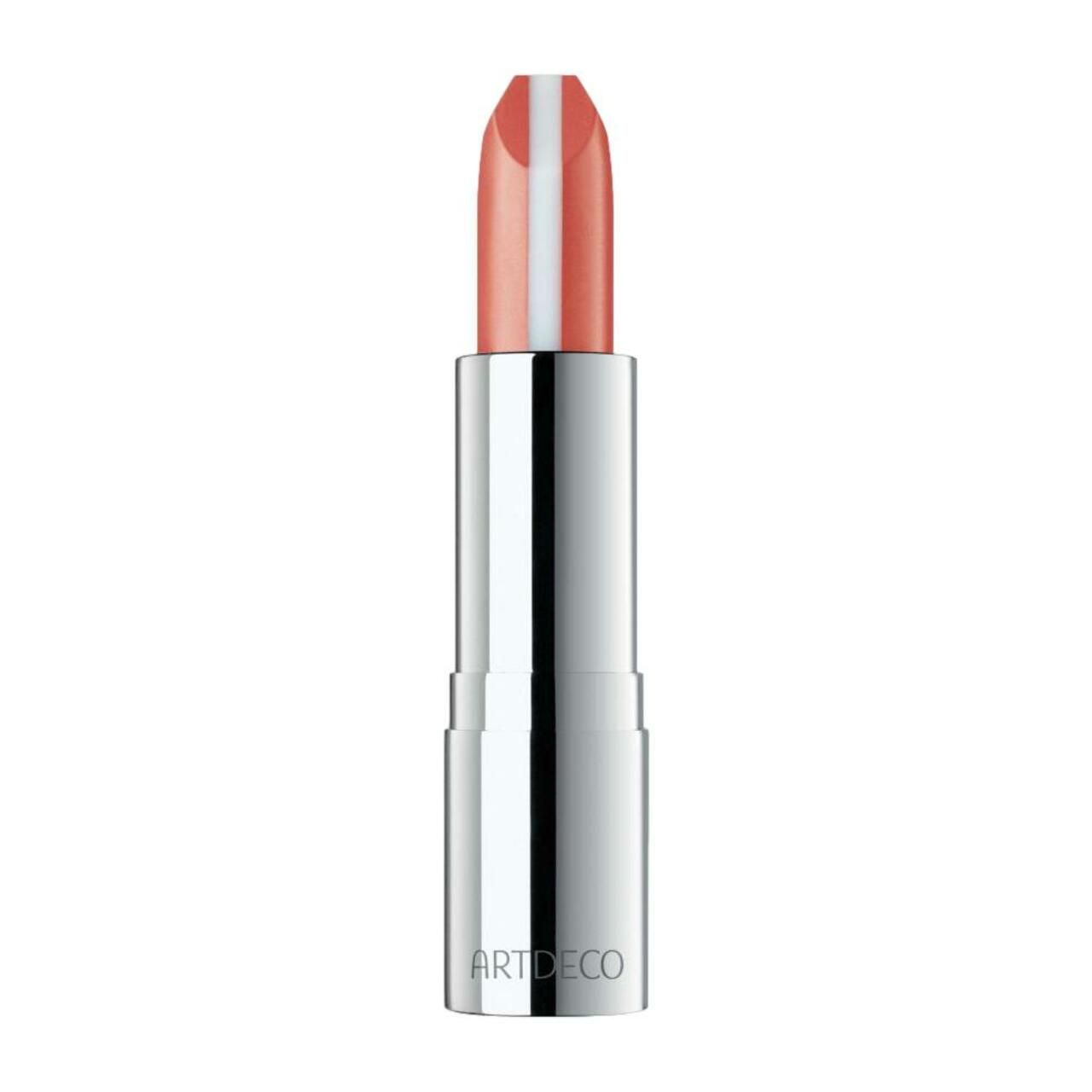Lippenstift mit silberner Hülse. Der Lippenstift ist teilweise herausgedreht und zeigt eine rosa-orange Farbe. Der Markenname ARTDECO ist sichtbar.