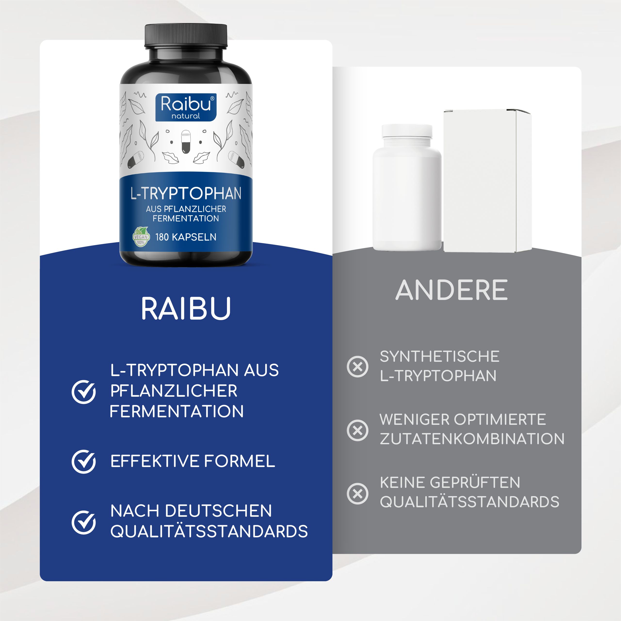 Vergleich: Raibu L-Tryptophan vs. andere. Raibu: L-Tryptophan aus pflanzlicher Fermentation, effektive Formel.