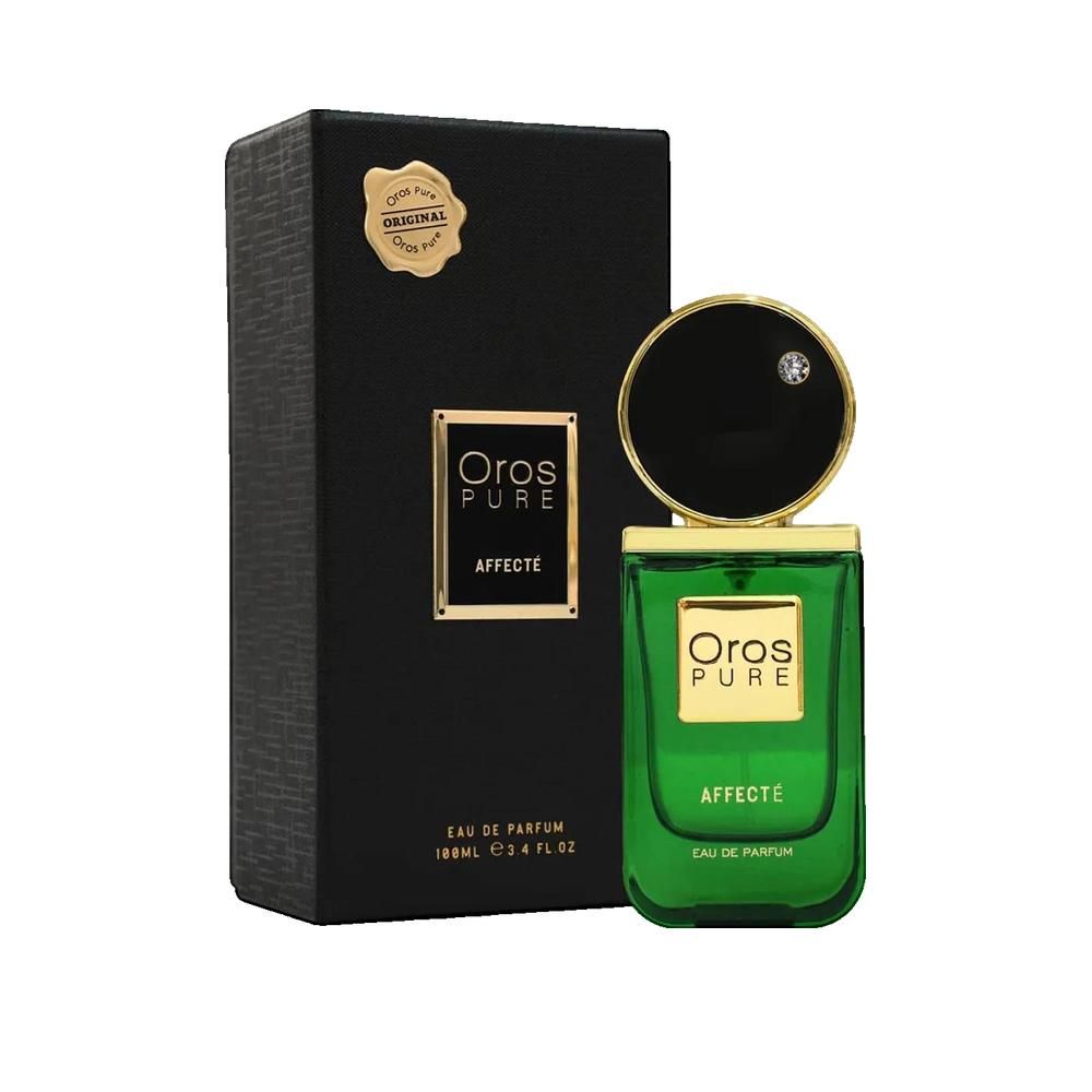 Grüne Parfumflasche mit schwarzem Deckel und schwarzer Verpackung. Goldene Akzente und Schriftzug Oros Pure Affecté.