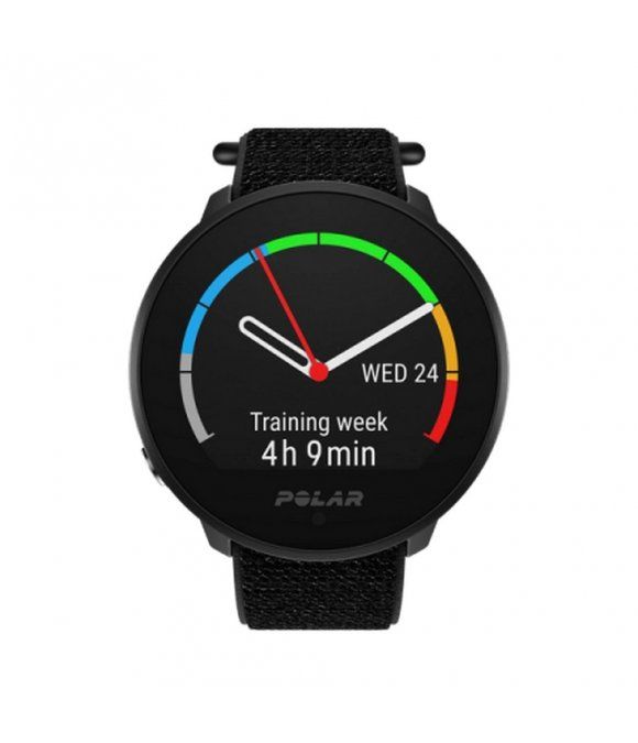 Schwarze Smartwatch mit rundem Zifferblatt. Anzeige: Training, 4h 9min. Marke: Polar. Schwarzes Armband.