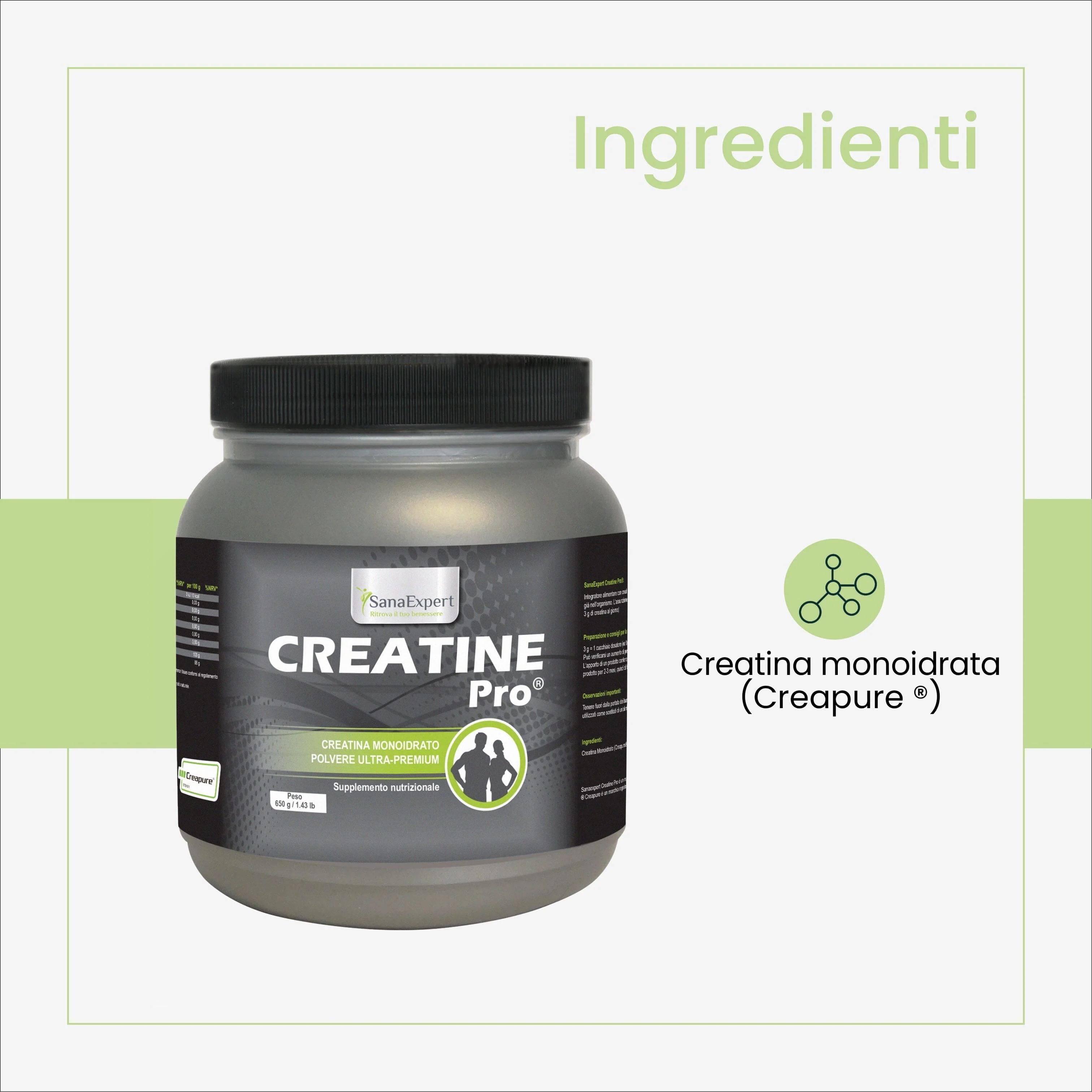 Graue Dose mit schwarzem Deckel. Aufschrift: Creatine Pro. Text: Creatina monoidrata (Creapure®). SanaExpert Logo.