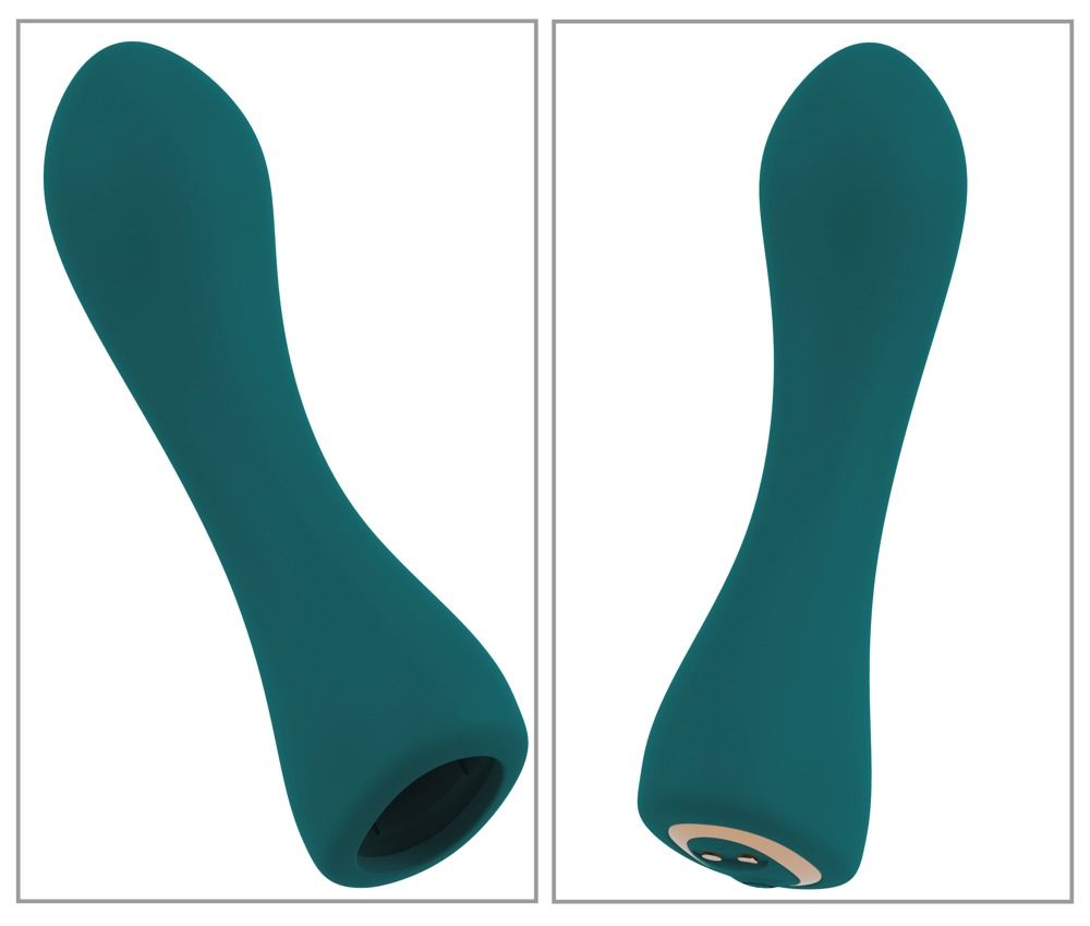 Zwei teal-farbene Wellness-Produkte, in Form eines Vibrators, mit abgerundeten Enden, auf weißem Hintergrund.