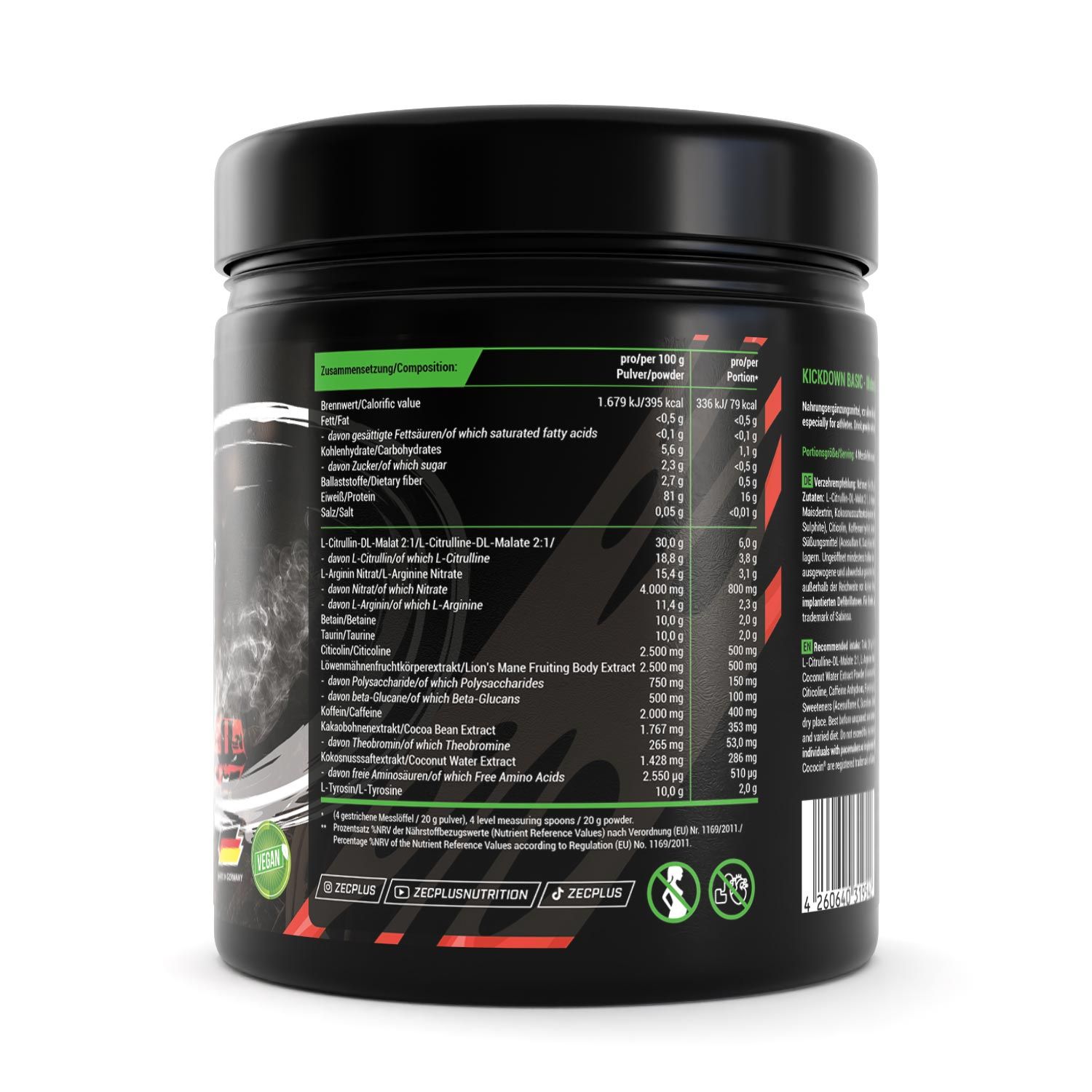 Rückseite der schwarzen Dose. Zutatenliste und Nährwertangaben. Grün-rotes Design. ZEC+ Nutrition.