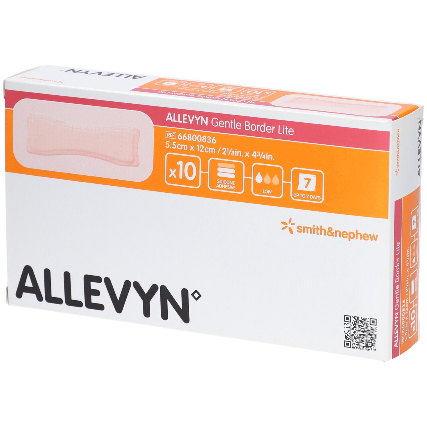 ALLEVYN Gentle Border Lite-Verpackung. Zeigt 10 Verbände, Größe 5,5 x 12 cm. Produktname, Marke und Größenangaben deutlich sichtbar.