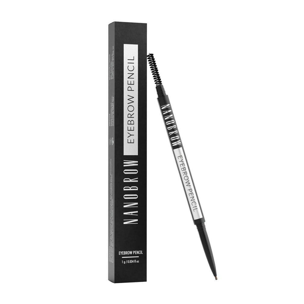 Schwarze Verpackung mit weißem Streifen und Text. Ein Augenbrauenstift mit Bürste. Aufschrift: NANOBROW EYEBROW PENCIL.