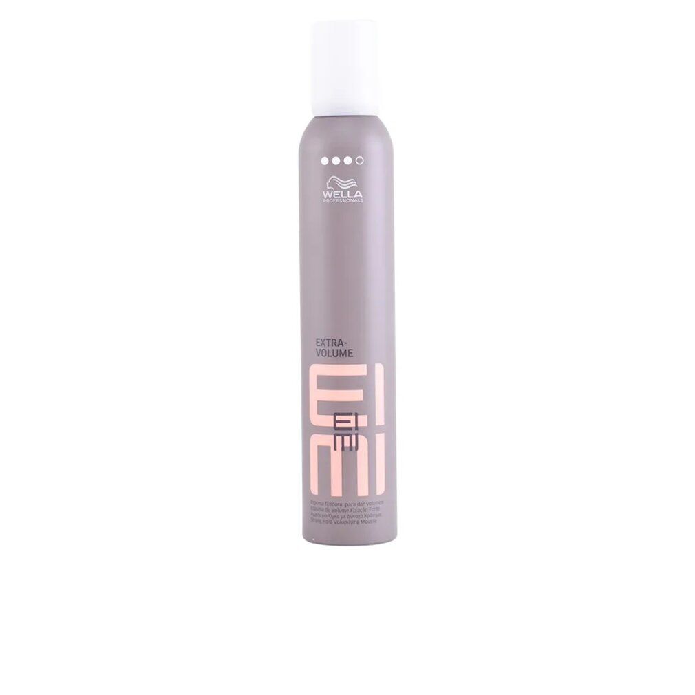 Graue Sprühflasche mit weißem Deckel. Aufschrift: EIMI, EXTRA VOLUME. Marke: Wella.
