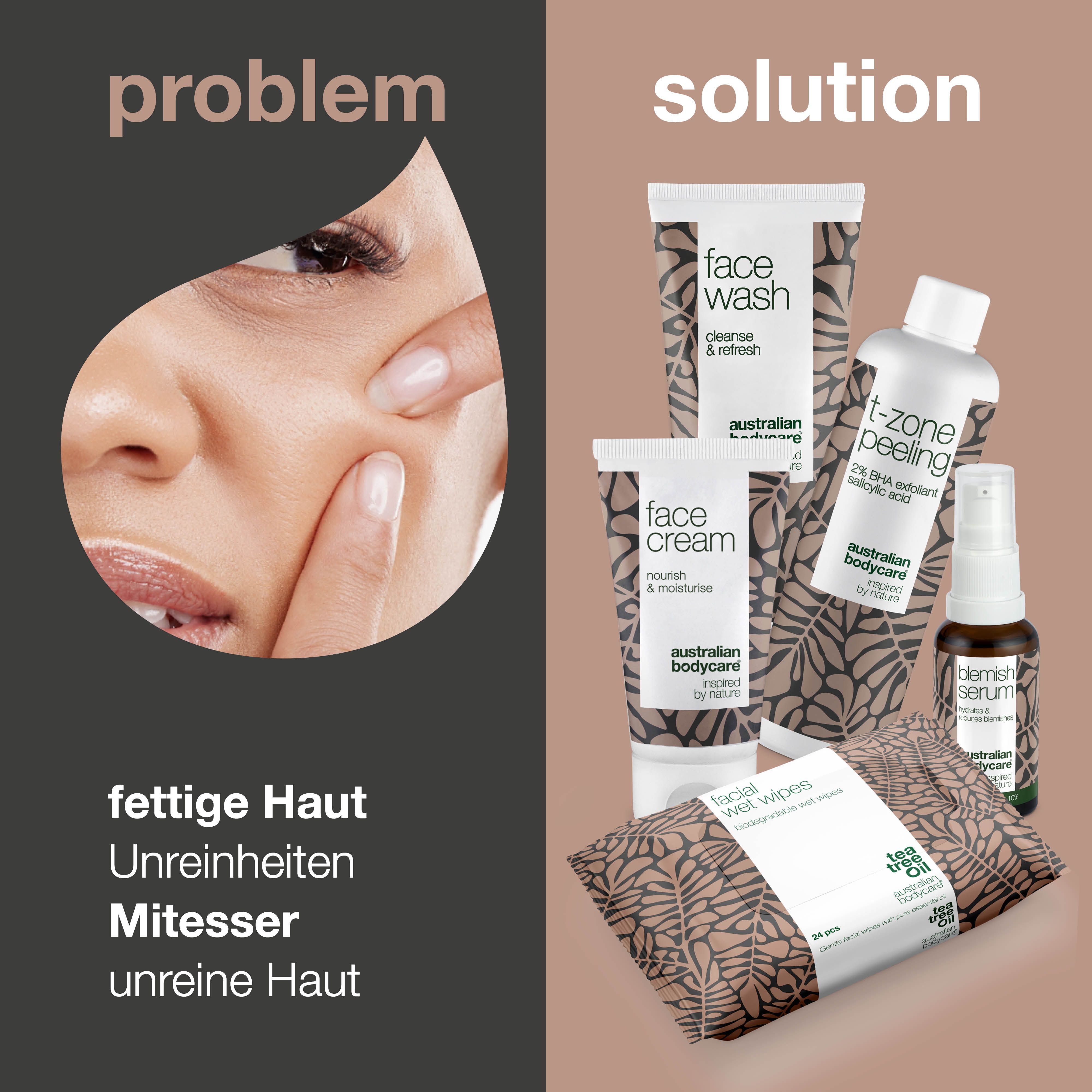Vergleich von Hautproblemen und Lösungen. Produkte: Waschgel, Peeling, Creme, Serum, Tücher.