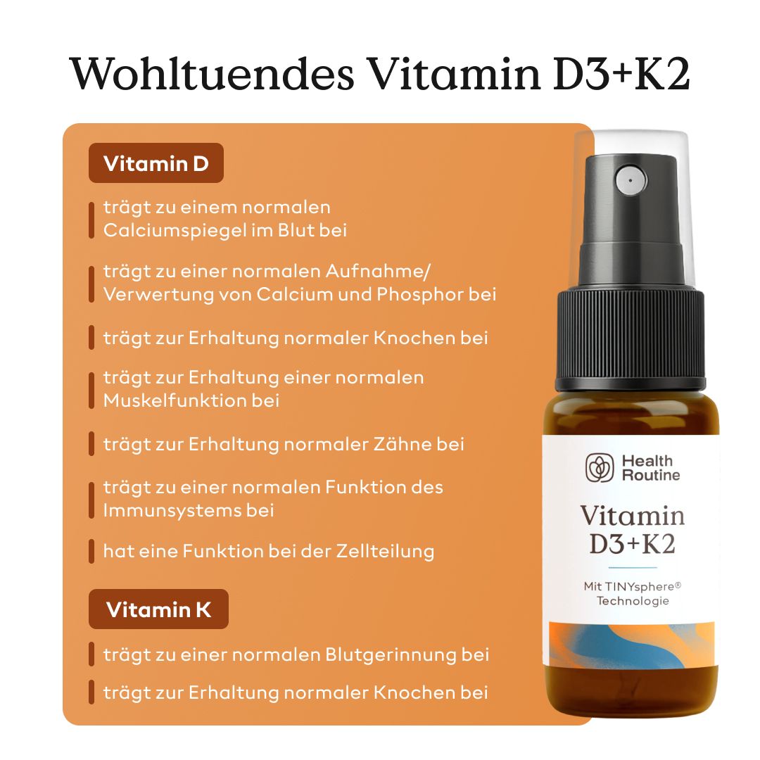 Braune Sprühflasche. Aufschrift: Vitamin D3+K2. Logo: Health Routine. Mit TINYsphere Technologie. Text: Wohltuendes Vitamin D3+K2. Orangefarbener Hintergrund.