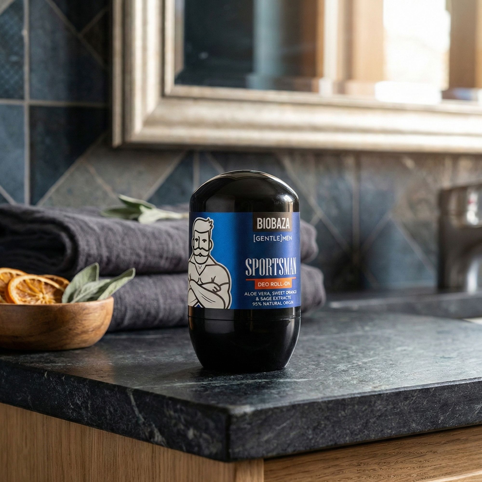Schwarzer Deo Roll-On mit blauer Banderole. Aufschrift: BIOBAZA SPORTSMAN. Im Badezimmer, neben Handtüchern und Dekoration.