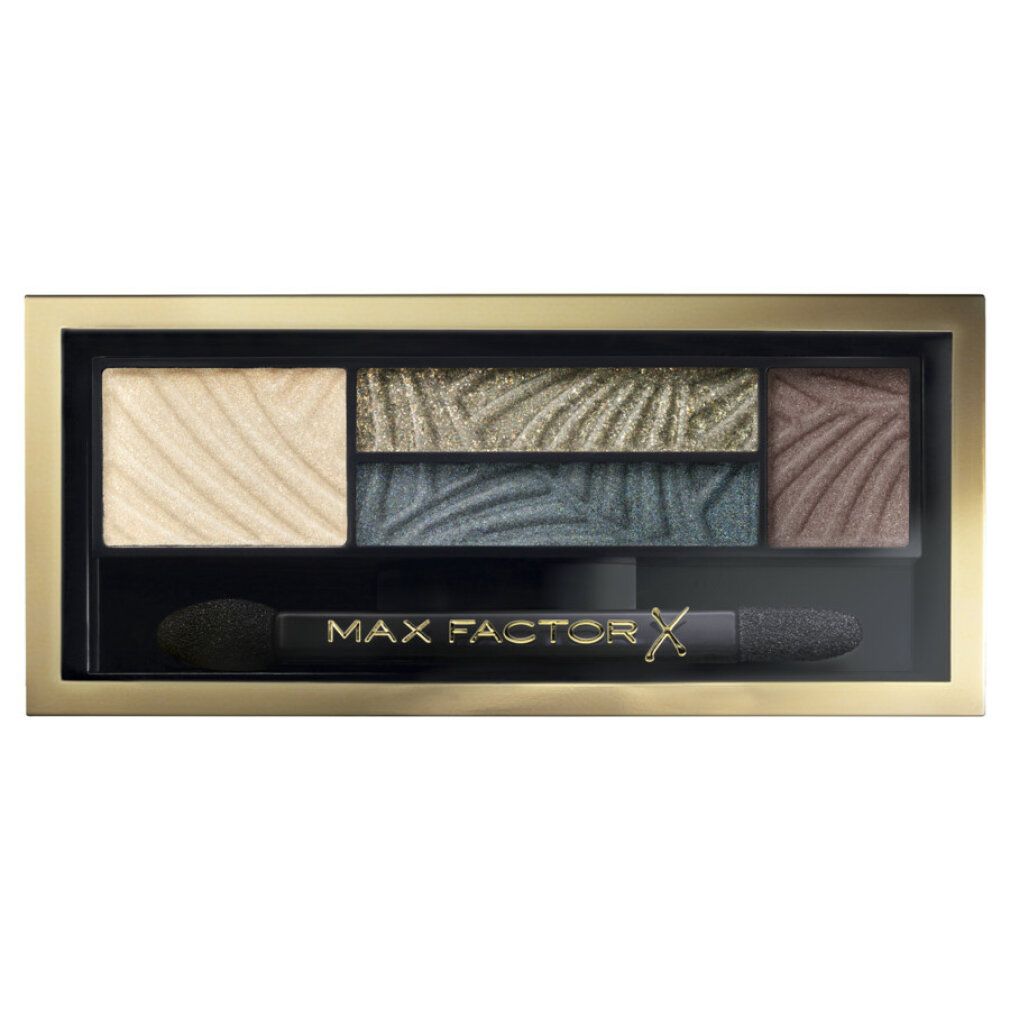 Lidschatten-Palette mit fünf Farbtönen. Goldfarbener Rahmen, schwarzer Applikator. Marke: Max Factor.