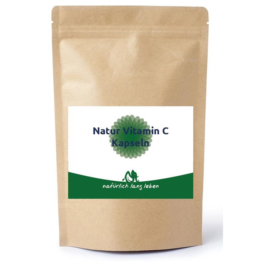 Braune Papierverpackung mit weißem Etikett. Text: 'Natur Vitamin C Kapseln' und 'natürlich lang leben'.