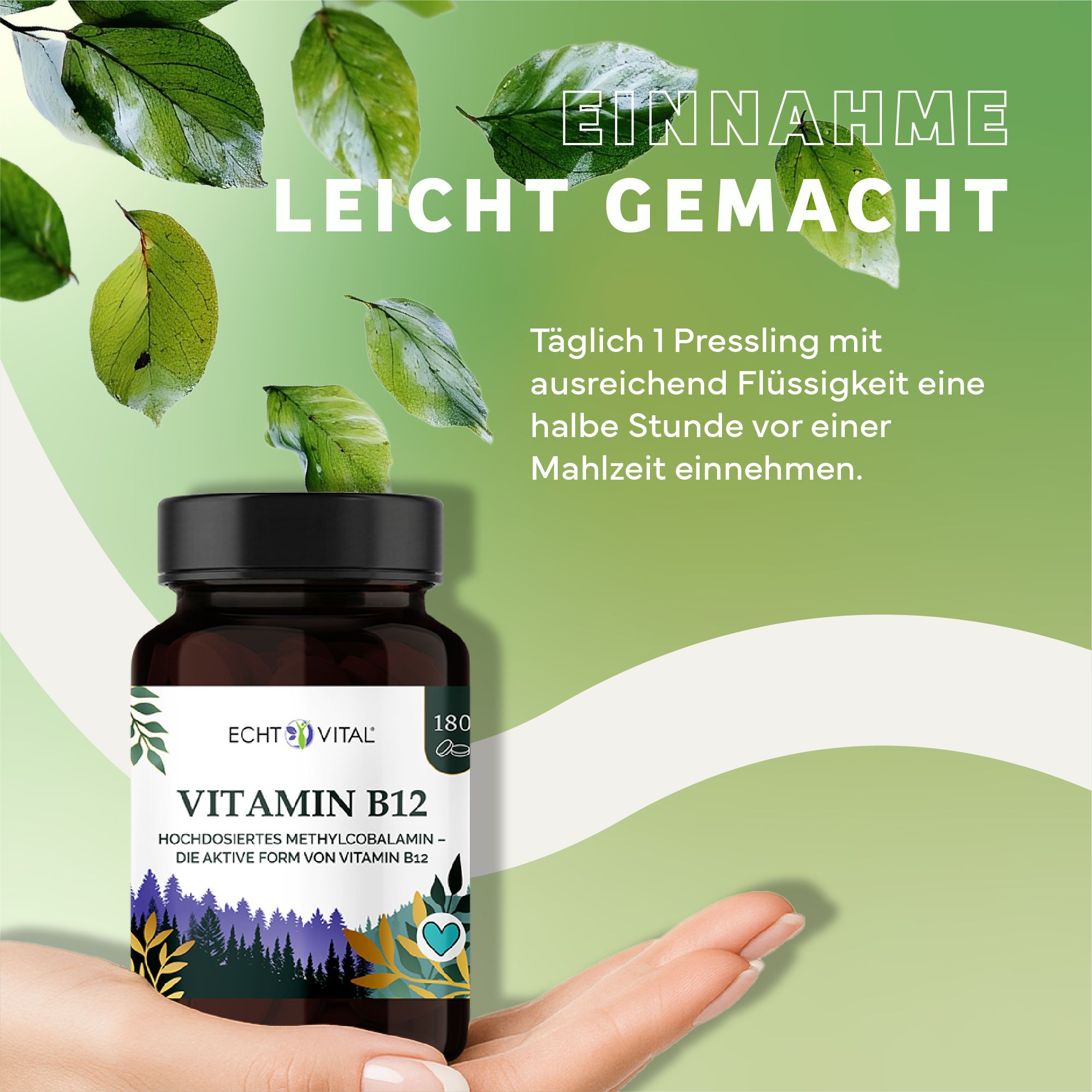 Braune Glasflasche mit schwarzem Deckel. Aufschrift: Echt Vital Vitamin B12. Flasche wird von einer Hand gehalten. Grüne Blätter im Hintergrund.
