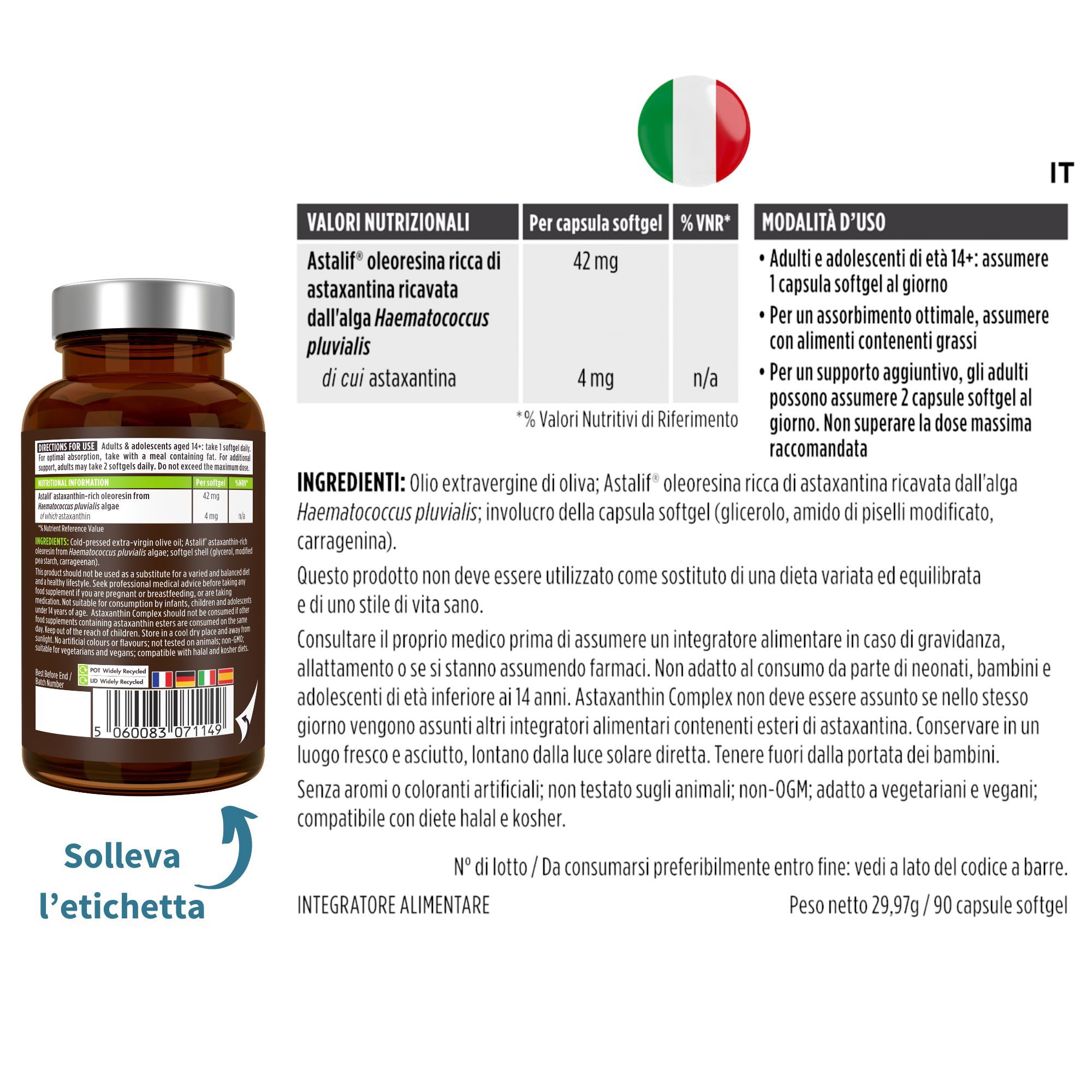 Rückseite einer Astaxanthin-Flasche mit Nährwertangaben und Inhaltsstoffen auf Italienisch.