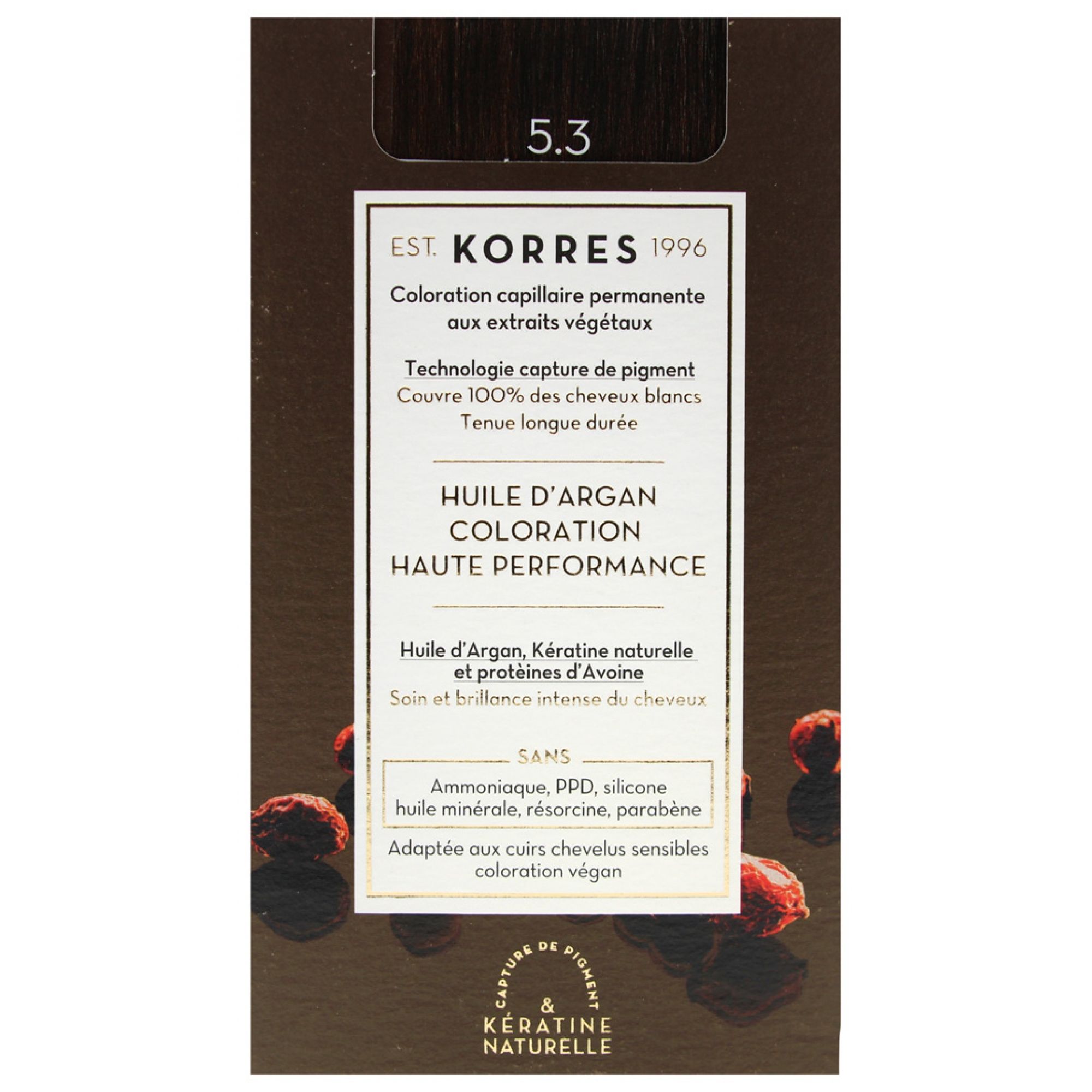 KORRES Arganöl Haarcoloration 5.3 Hellbraun Gold. Dauerhafte Coloration mit pflanzlichen Extrakten.