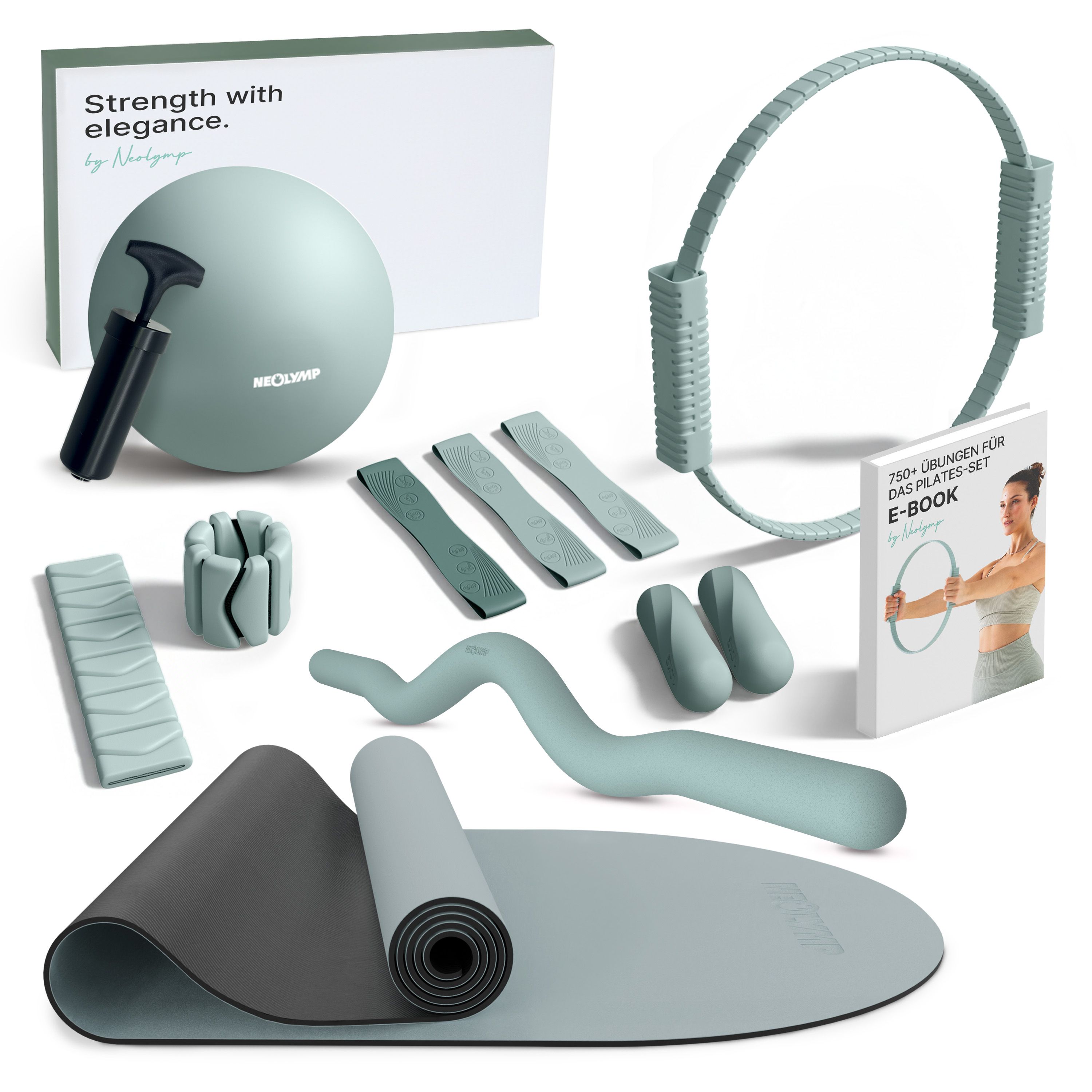 NEOLYMP Pilates Set: Matte, Ball mit Pumpe, Ring, Gewichtsmanschetten, Fitnessbänder, Hantelstange und E-Book.