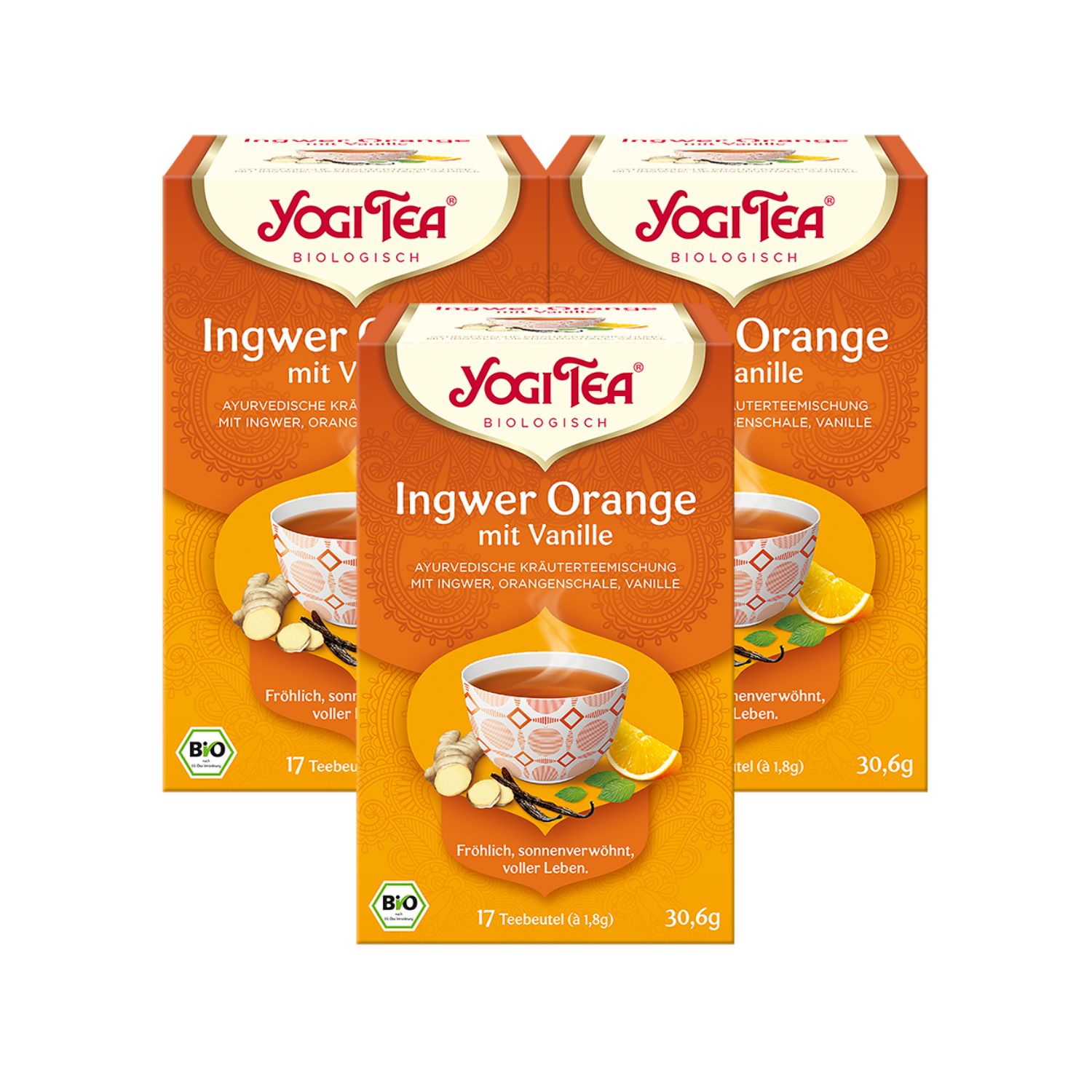 Drei Packungen Yogi Tea Ingwer Orange Bio Gewürztee. Jede Packung zeigt das Produkt, Zutaten und Bio-Siegel. 17 Teebeutel.