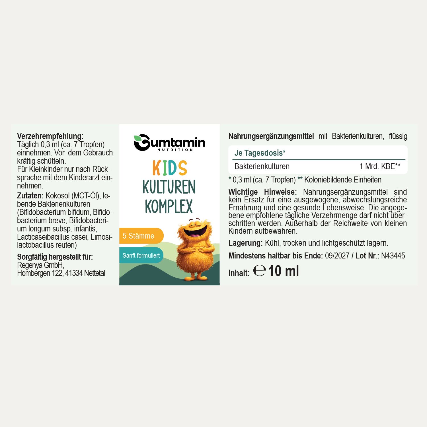 Nahrungsergänzungsmittel mit Bakterienkulturen, flüssig. Inhalt: 10ml.