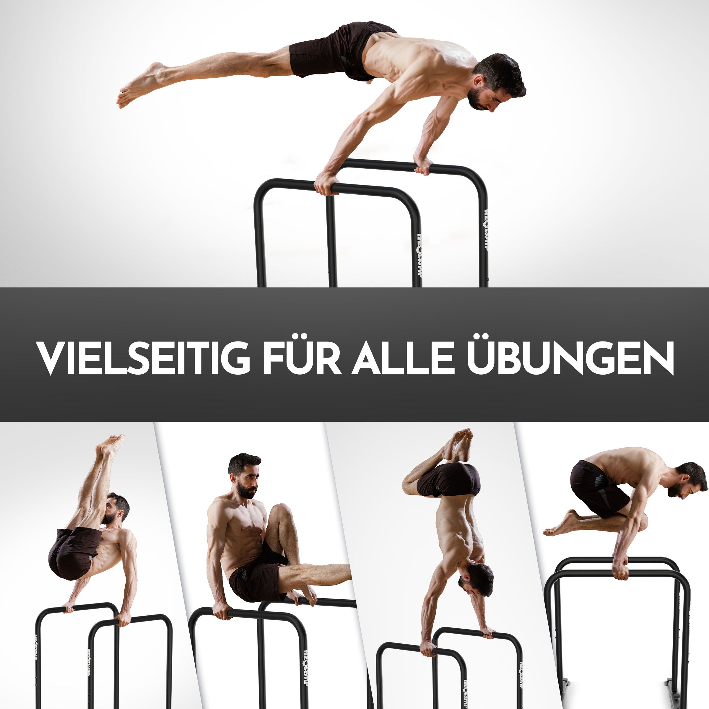 Verschiedene Übungen mit Dip-Barren. Marke NEOLYMP. Vielseitig für alle Übungen.