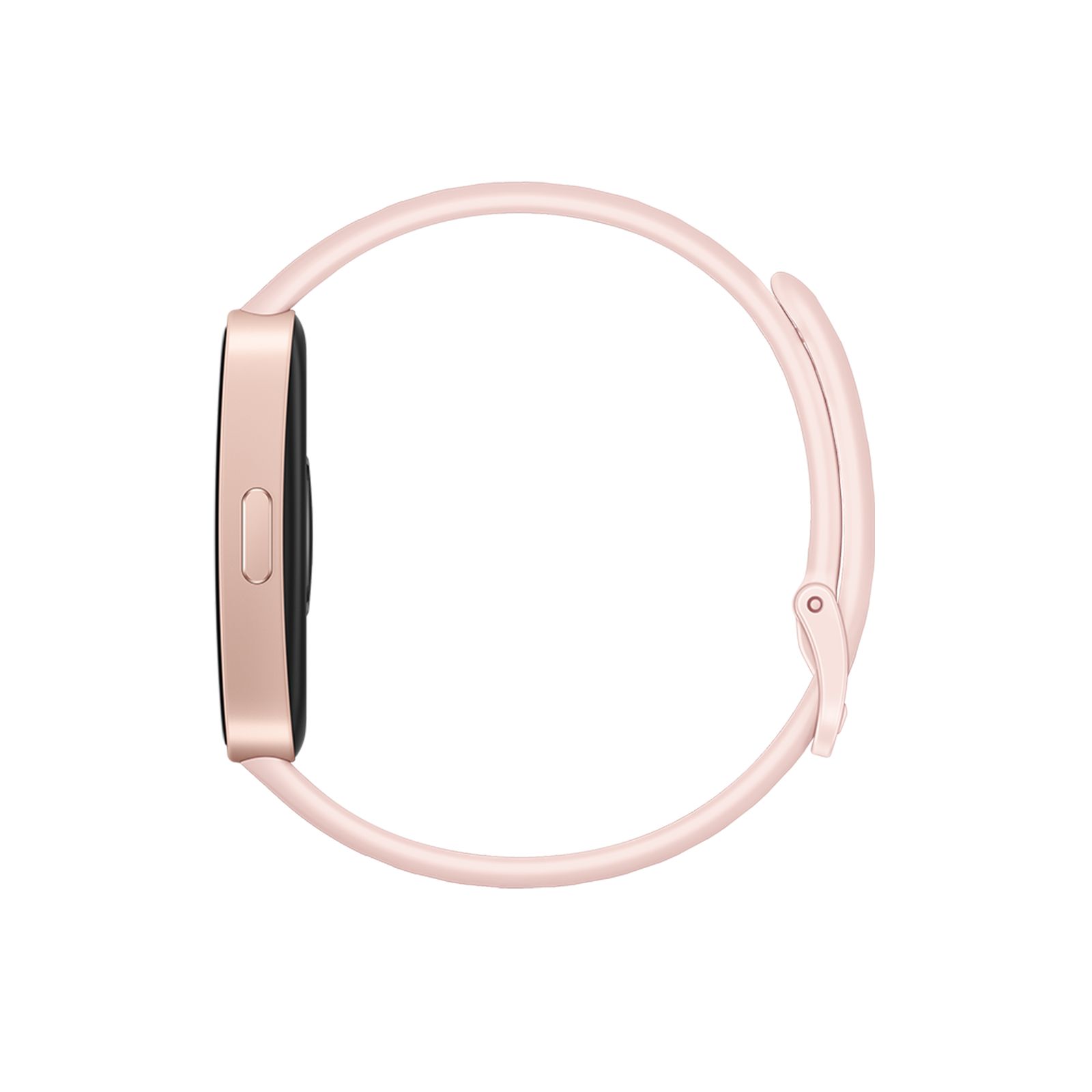 Fitness-Tracker, rosa Armband. Seitenansicht. Gehäuse mit schwarzem Display. Rosa Armband.
