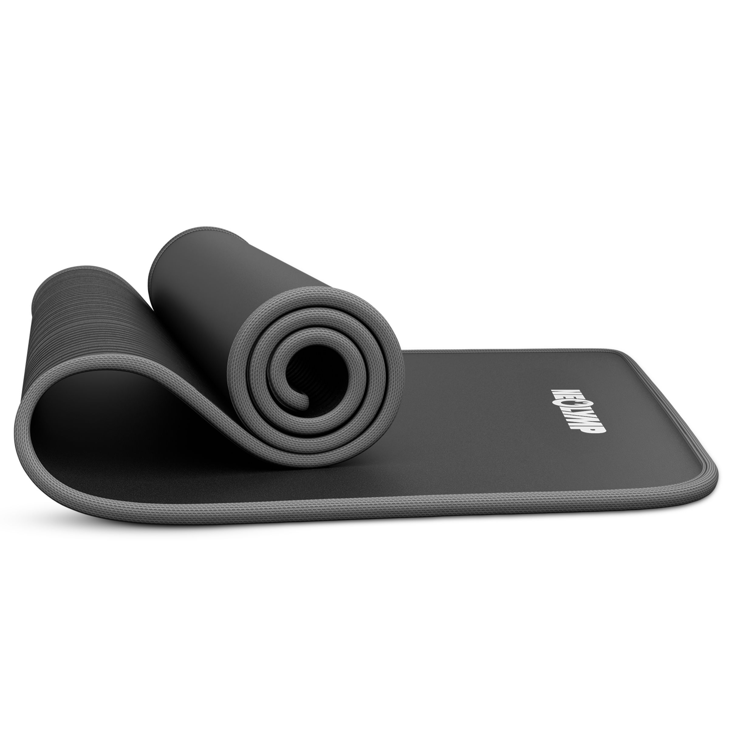 Schwarze Fitnessmatte, teilweise gerollt. Grauer Rand, Logo. Aufschrift: NEOLYMP.