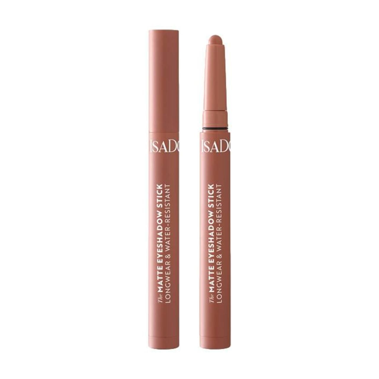 Zwei braune Eyeshadow Sticks. Auf einem steht IsaDora, The Matte Eyeshadow Stick Longwear & Water-Resistant.