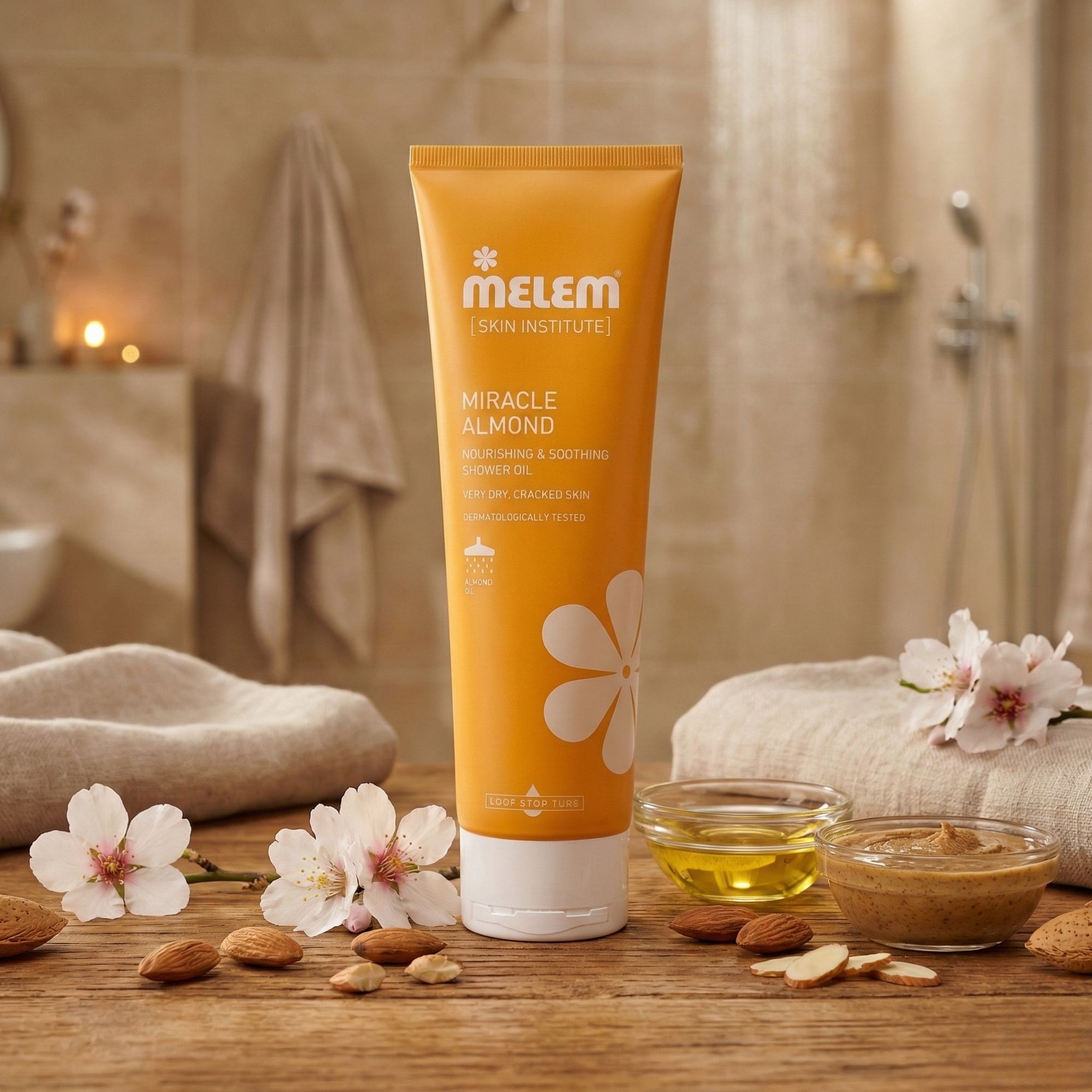 Gelbe Tube, Melem Skin Institute, Miracle Almond. Aufschrift: Nährendes & beruhigendes Duschöl. Auf Tisch mit Mandeln und Blüten.