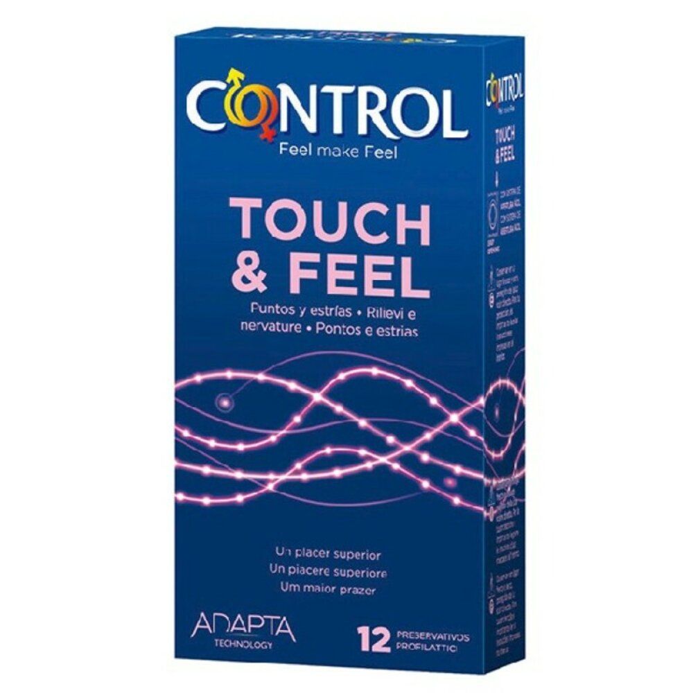 Blaue Verpackung von Control Touch & Feel. Produktname und Wellenmuster. 12 Kondome.