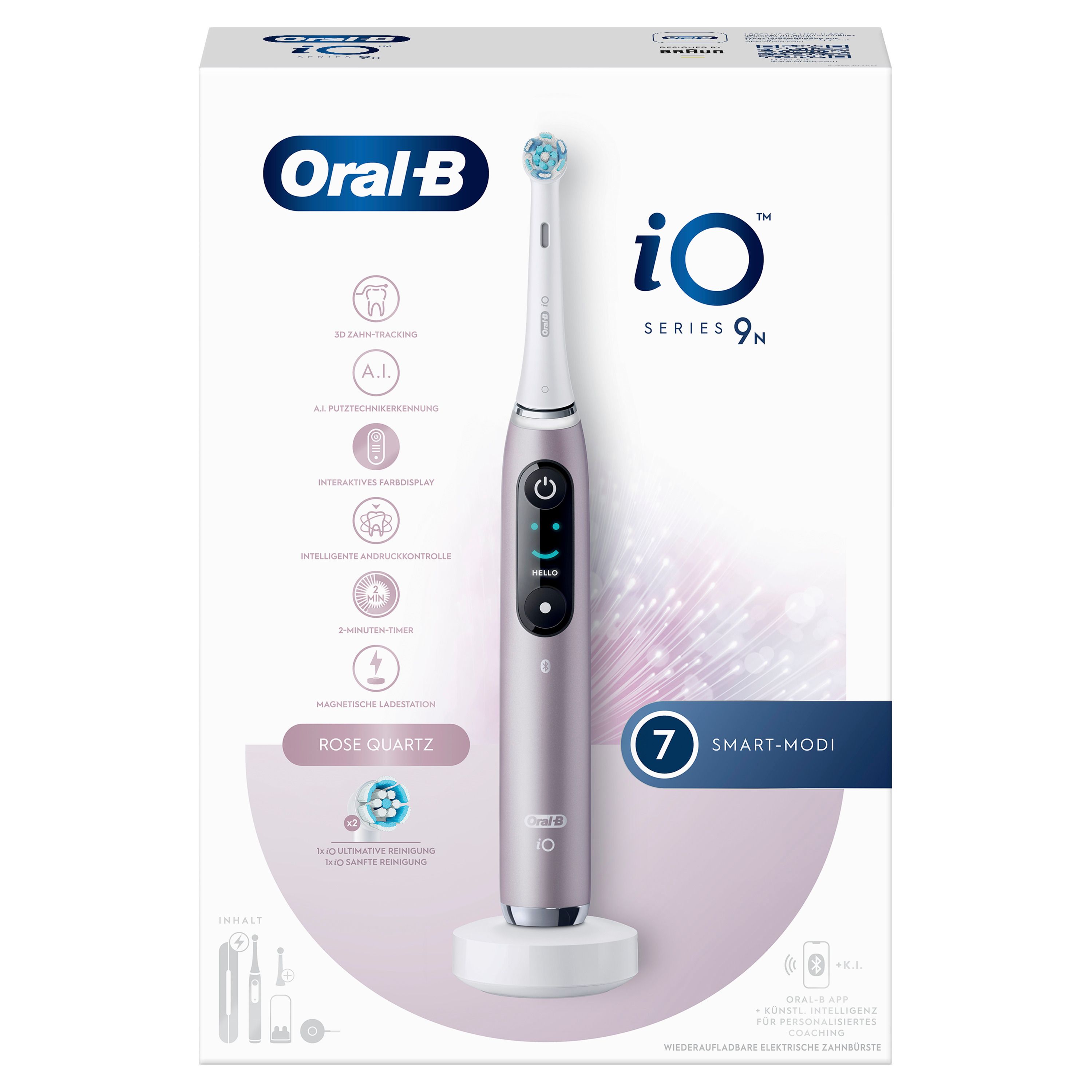 Verpackung der elektrischen Zahnbürste Oral-B iO Series 9. Rose Quartz. Mit Produktabbildung und Produktinformationen.