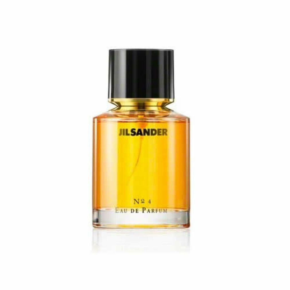 Flakon mit schwarzem Deckel und goldfarbenem Ring. Aufschrift: JIL SANDER, N° 4, Eau de Parfum.
