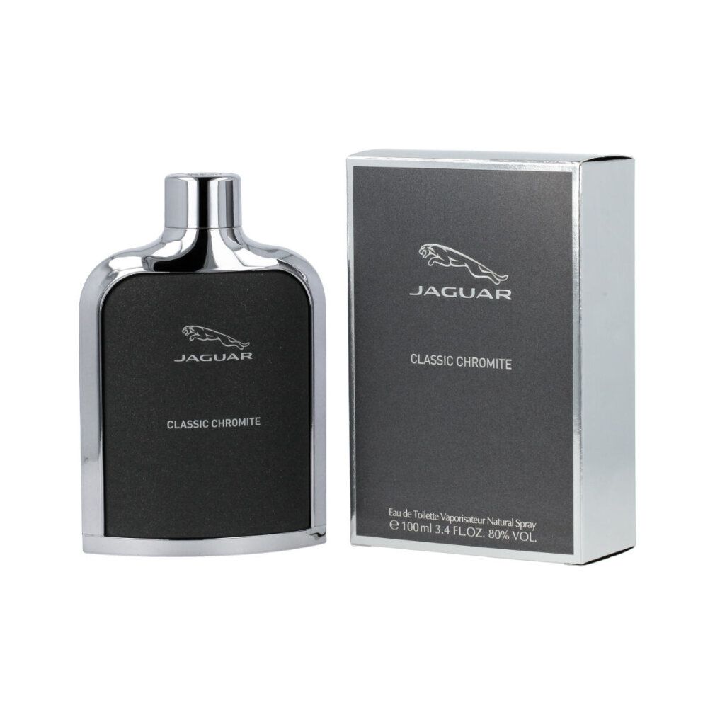 Flakon und Verpackung von Jaguar Classic Chromite. Schwarzes Flakon-Design mit silbernen Akzenten. Verpackung mit Logo und Produktnamen.