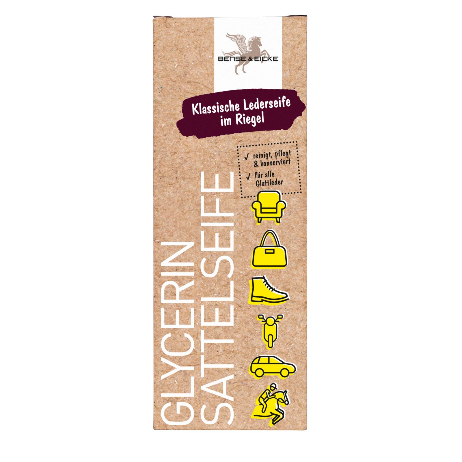Kartonverpackung mit Produktinformationen. Text: Glycerin Sattelseife, Klassische Lederseife im Riegel. Illustrationen von Lederprodukten.