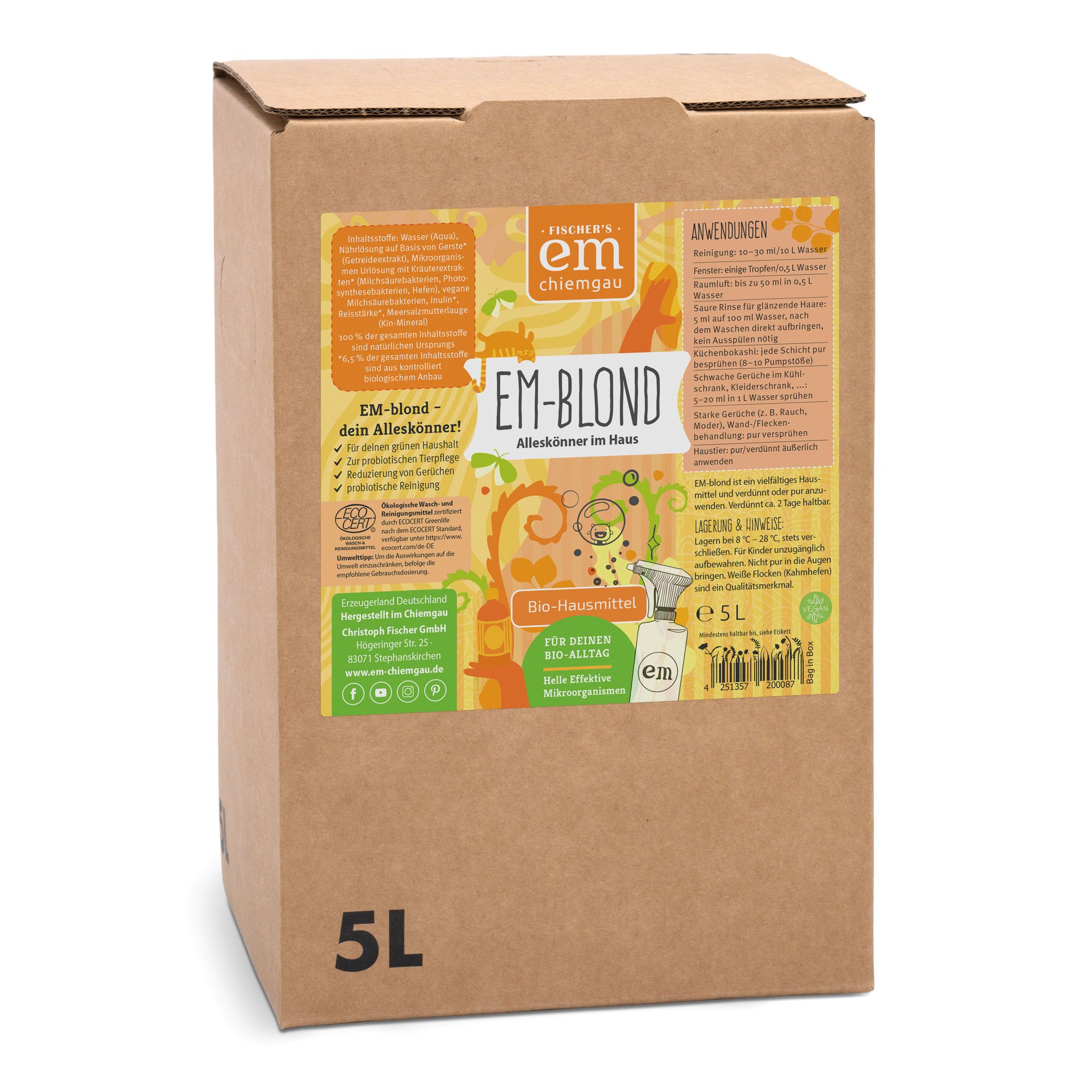 Karton mit EM-blond Reiniger. Aufschrift: EM-Chiemgau, EM-blond, Alleskoenner im Haus. Text: Bio-Haushaltmittel. 5L. Mit Anwendungsbeispielen.