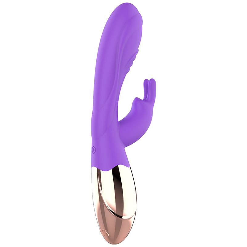 Lila Vibrator mit goldfarbenem Akzent. Form eines Hasenohrs. Vertikale Ansicht.