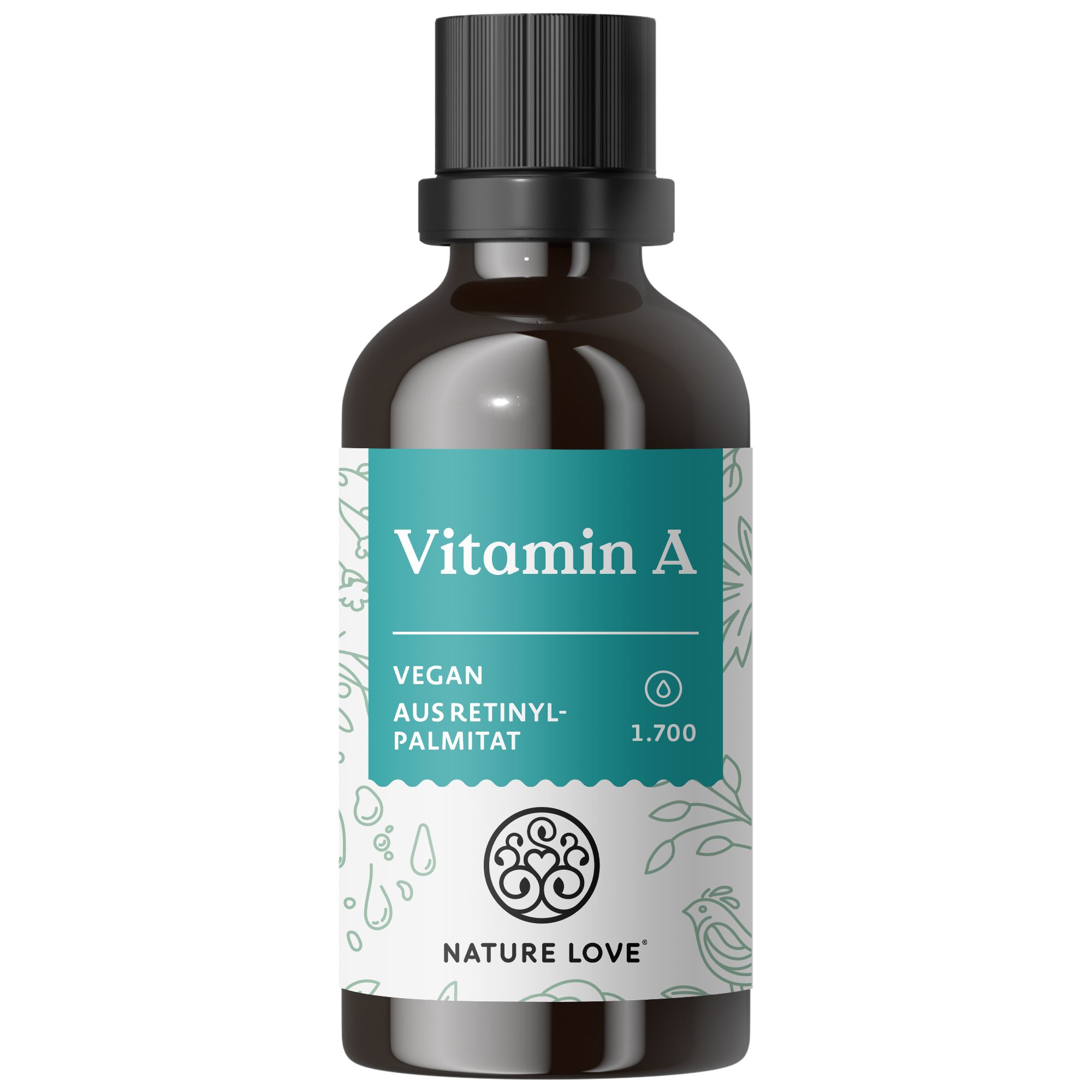 Braune Glasflasche mit schwarzem Verschluss. Etikett mit "Vitamin A", "NATURE LOVE®" und "Vegan". Aus Retinylpalmitat. 1.700.