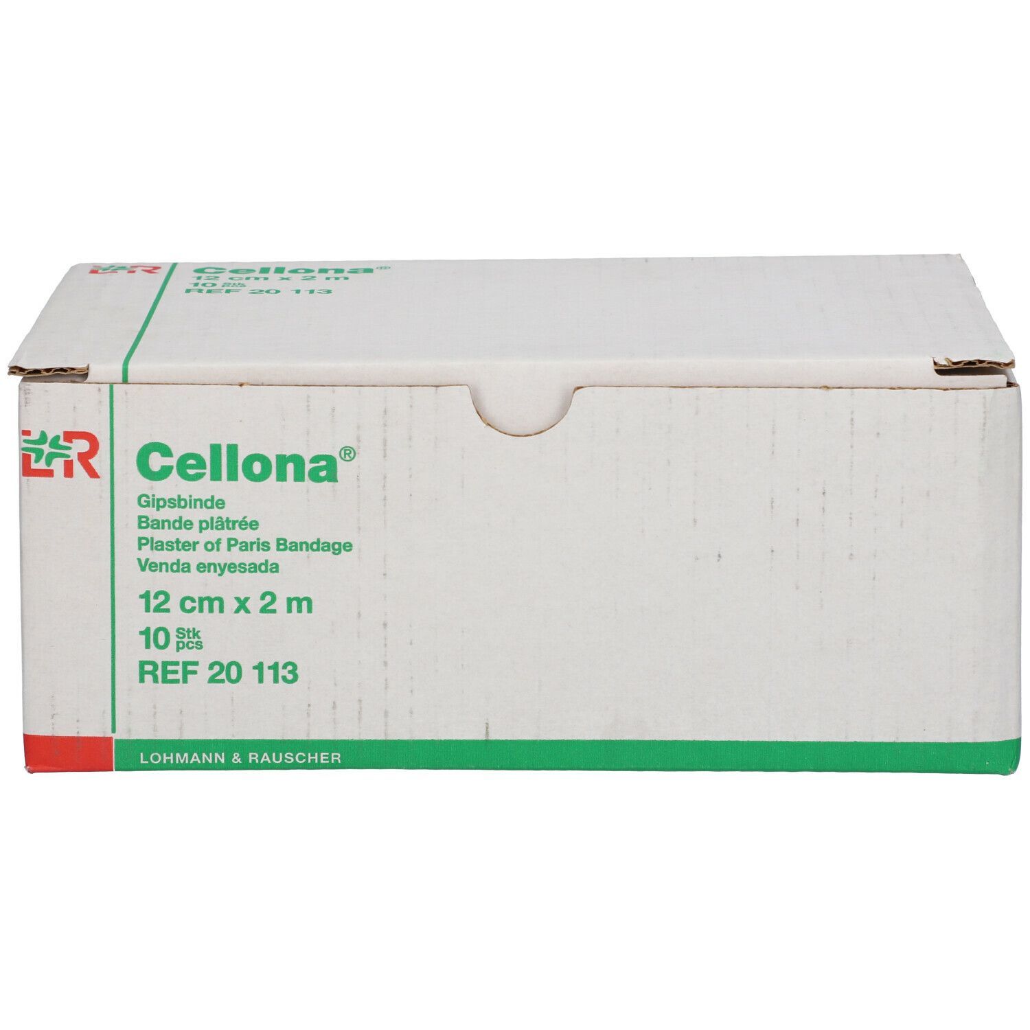 Cellona® Gipsbinde-Verpackung. Beschriftung: 12 cm x 2 m, 10 Stück. Grün-weiße Kartonage mit Produktnamen und Herstellerangaben.