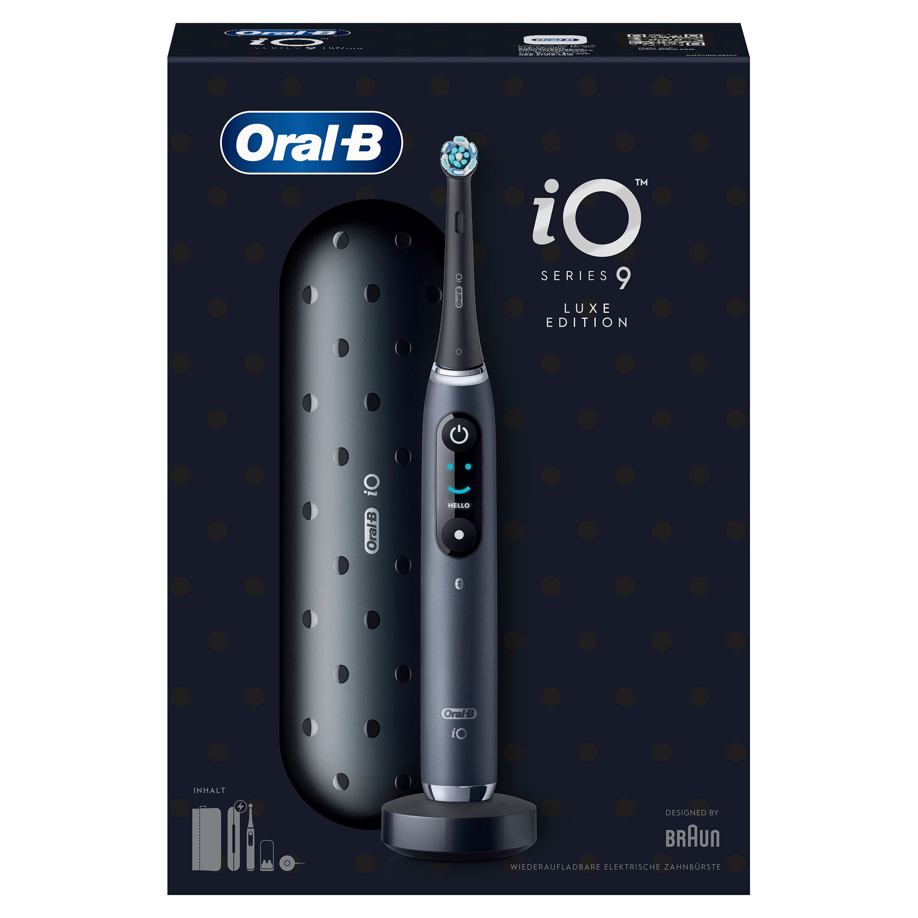 Elektrische Zahnbürste in Verpackung. Schwarze Zahnbürste, Ladestation und Reiseetui. Marke Oral-B iO Series 9.