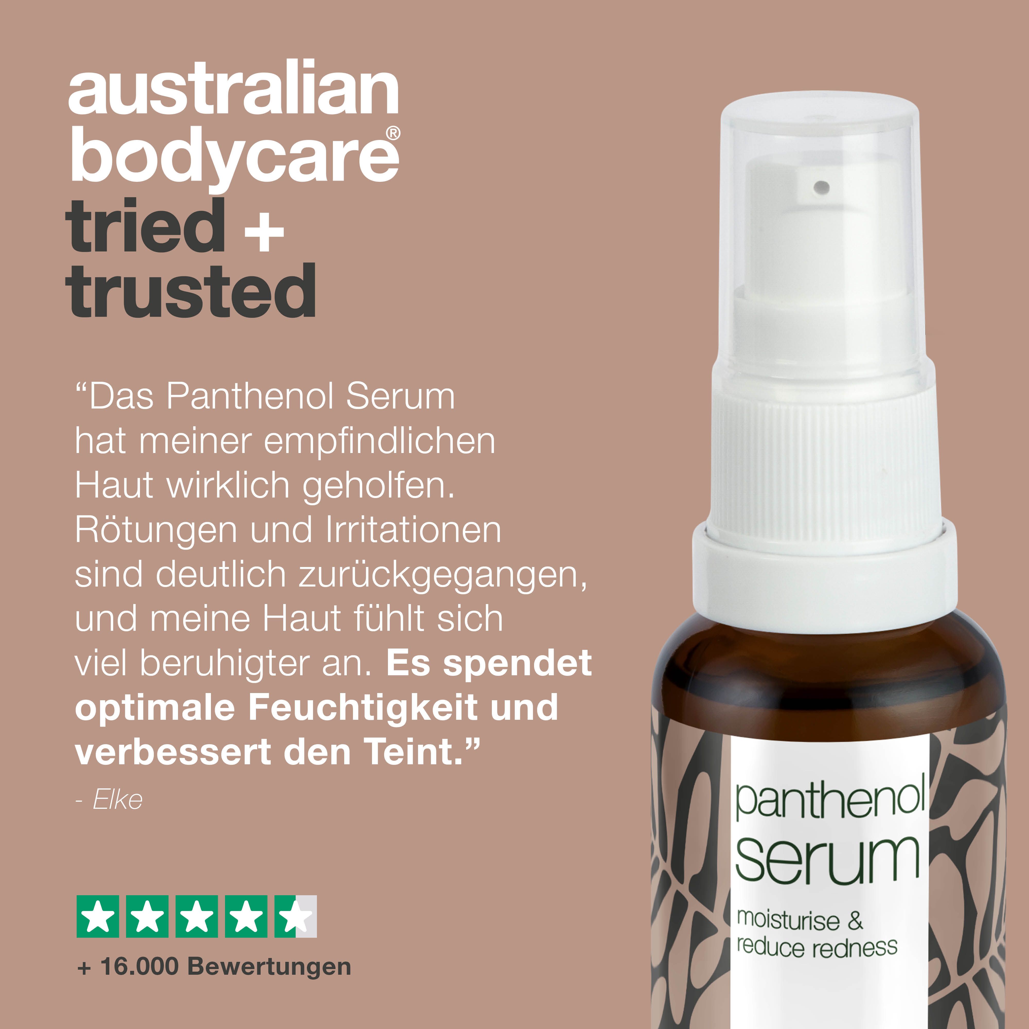 Flasche Panthenol Serum. Text: Das Panthenol Serum hat meiner empfindlichen Haut wirklich geholfen.