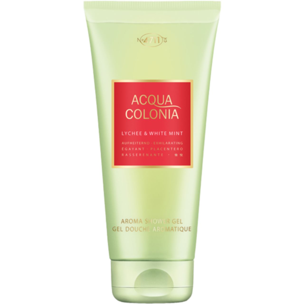 Grüne Tube mit rotem Etikett. Text: Acqua Colonia, Lychee & White Mint, Aroma Shower Gel. Logo oben.