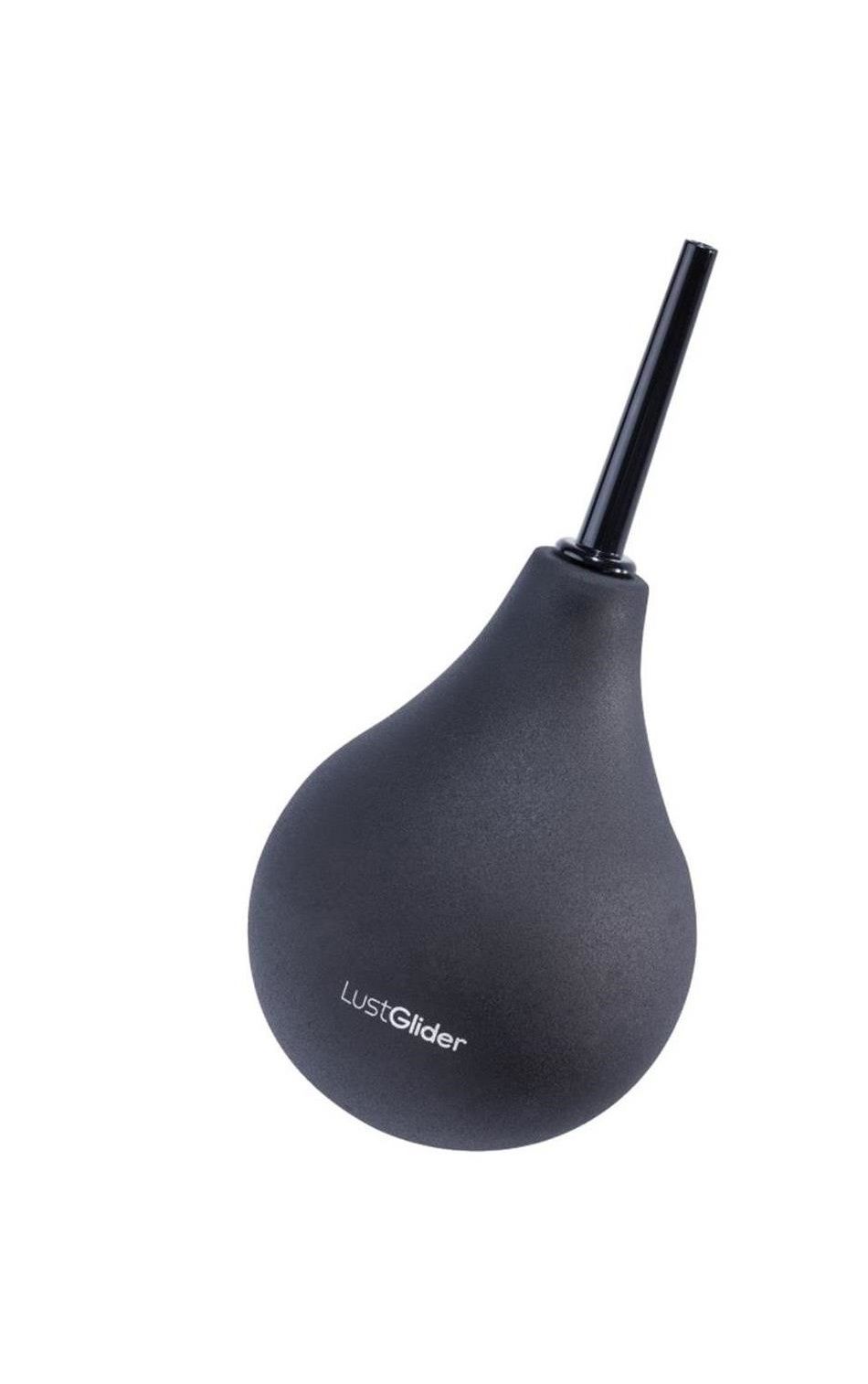 Dunkelgraue Intimdusche. Der Griff ist schwarz. Auf dem Produkt steht "LustGlider".