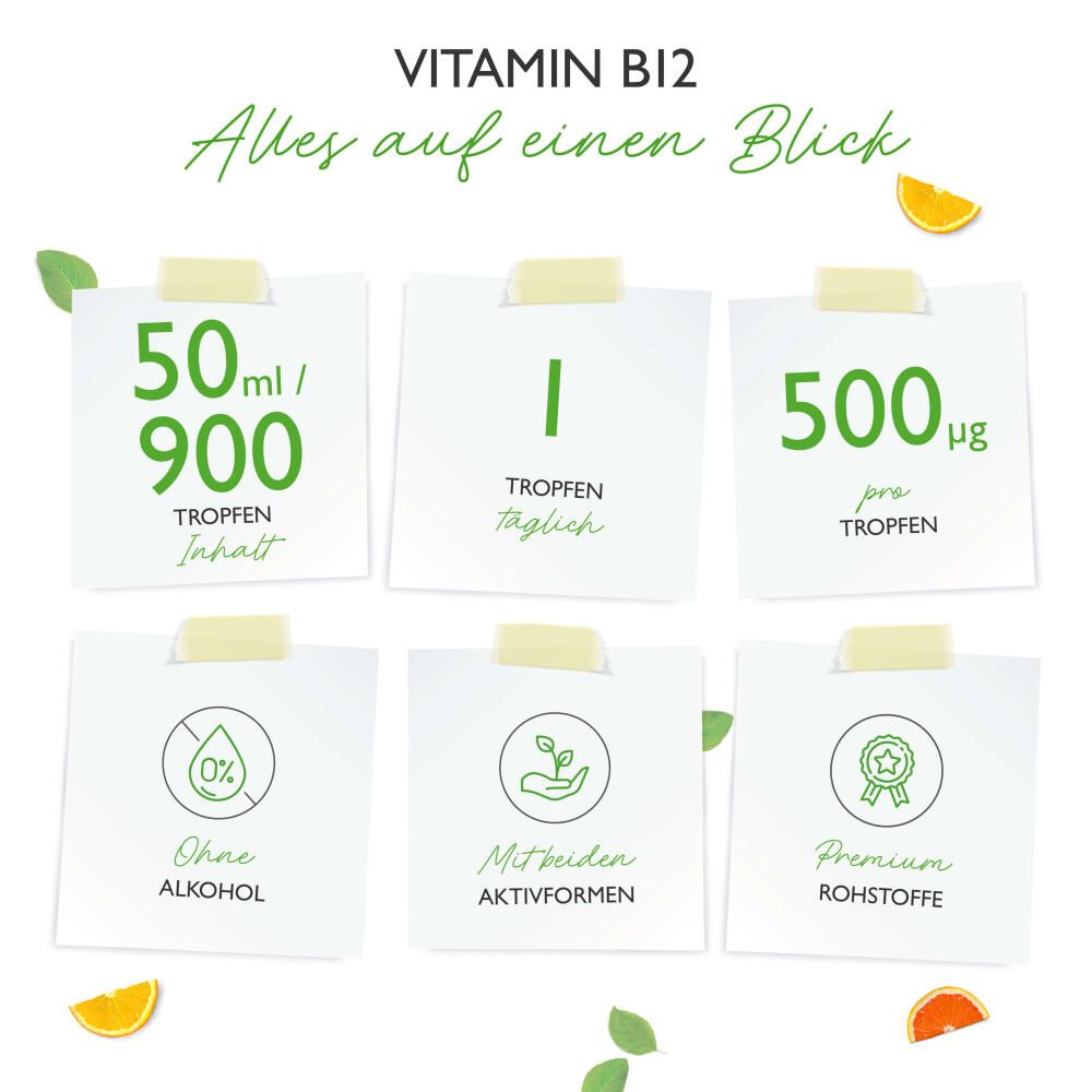 Infografik mit Informationen zu Vitamin B12 Tropfen. Enthält Angaben zu Inhalt, Dosierung und Inhaltsstoffen. Dekorative Elemente: Blätter und Orangen.