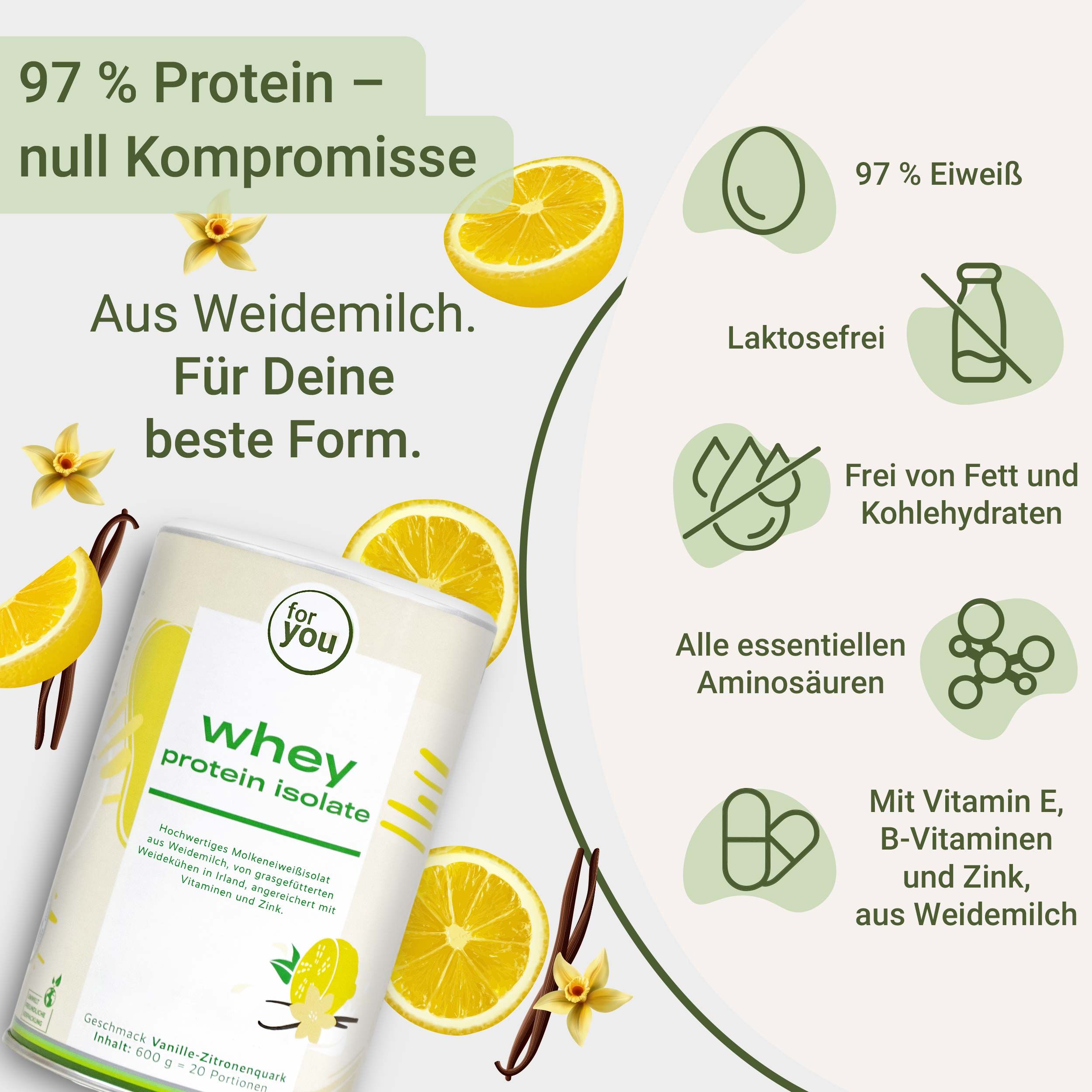 Dose "for you" Whey Protein Isolate, Vanille-Zitronenquark. 97% Eiweiß, laktosefrei, frei von Fett und Kohlenhydraten. Mit Vitaminen und Zink.