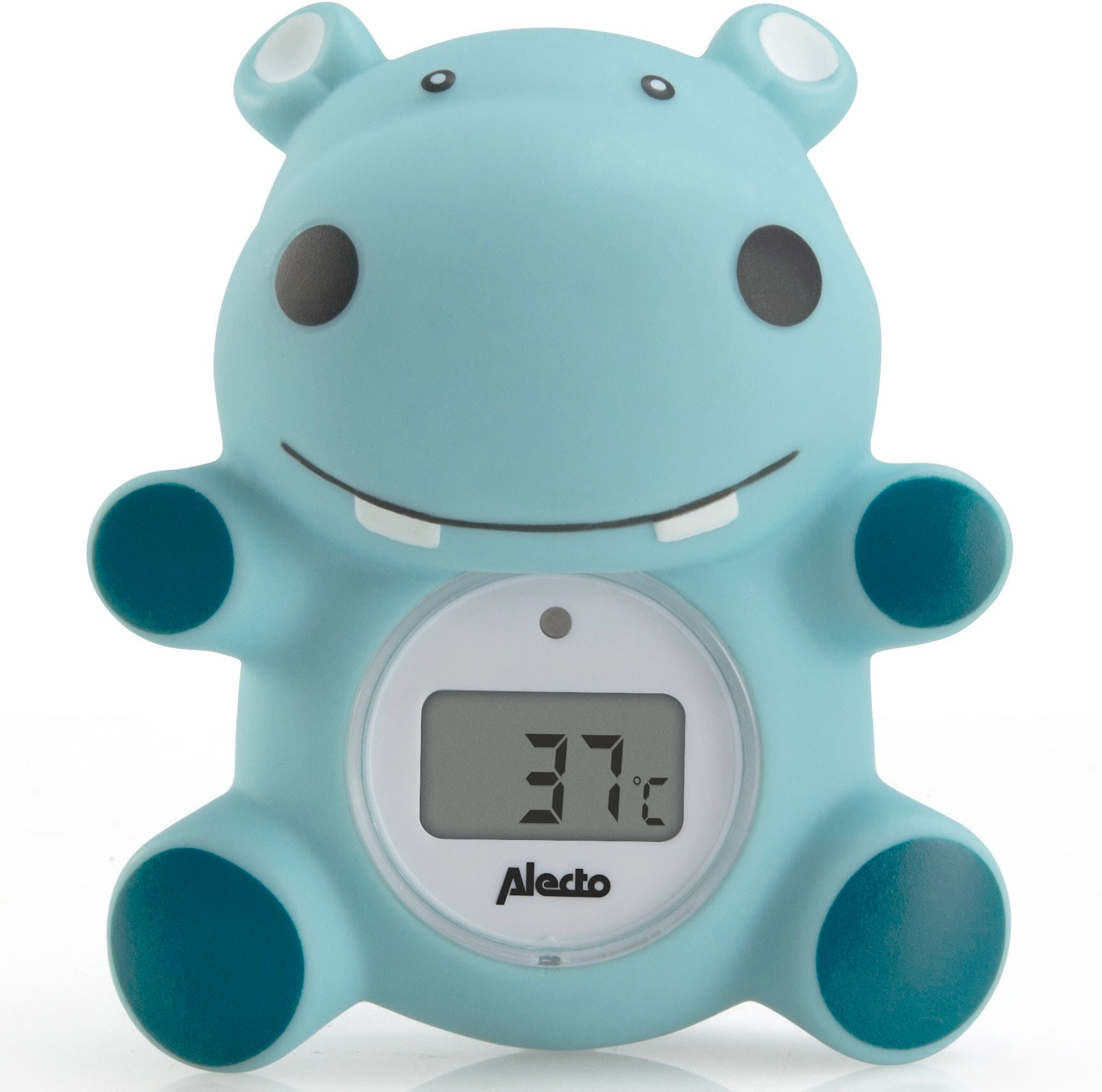 Blaues Nilpferd-Thermometer mit digitaler Anzeige. Zeigt 37°C an. Marke Alecto.