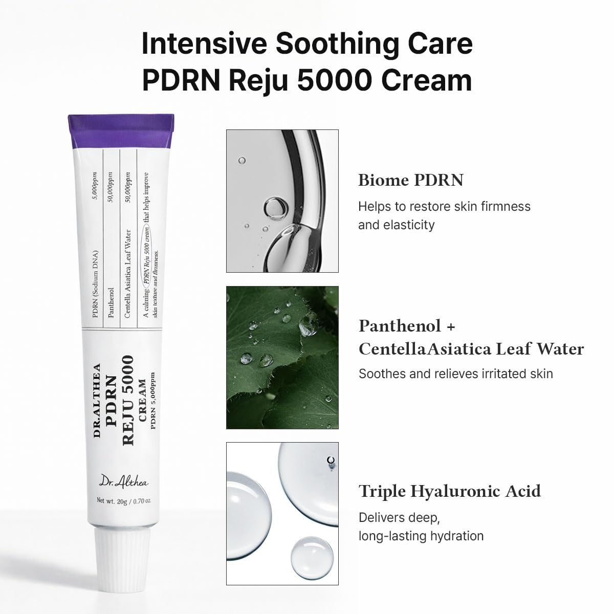 Creme-Tube mit lila Deckel. Aufschrift: Dr. Althea PDRN Reju 5000 Creme. Grafiken: Wassertropfen, Blätter.
