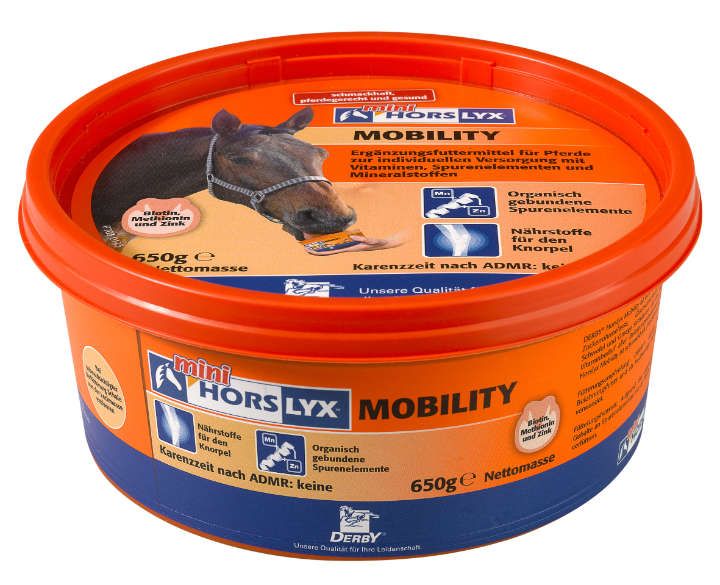 Runder, orangefarbener Behälter mit Deckel. Aufschrift "mini Horslyx Mobility". Enthält 650g. Abbildung eines Pferdes.