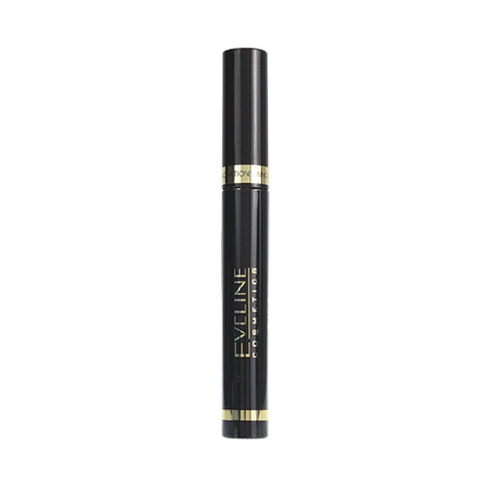 Schwarze Kosmetikflasche mit goldfarbenen Akzenten. Aufschrift: Eveline Cosmetics. Deckel oben. Produkt für Augenbrauen.