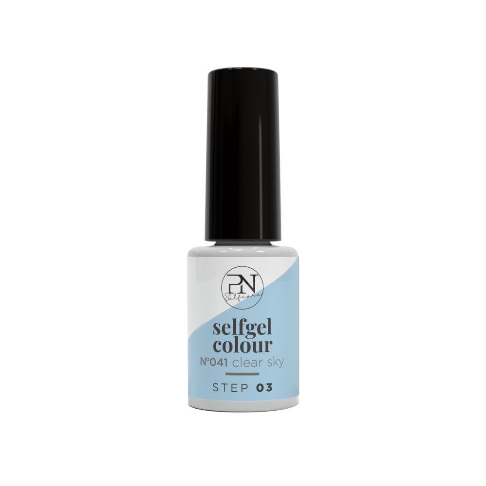 Flasche PN Selfgel Vernis Semi-Permanent, N41 Clear Sky. Schwarzer Deckel, hellblauer Farbton. Aufschrift: selfgel colour, STEP 03.