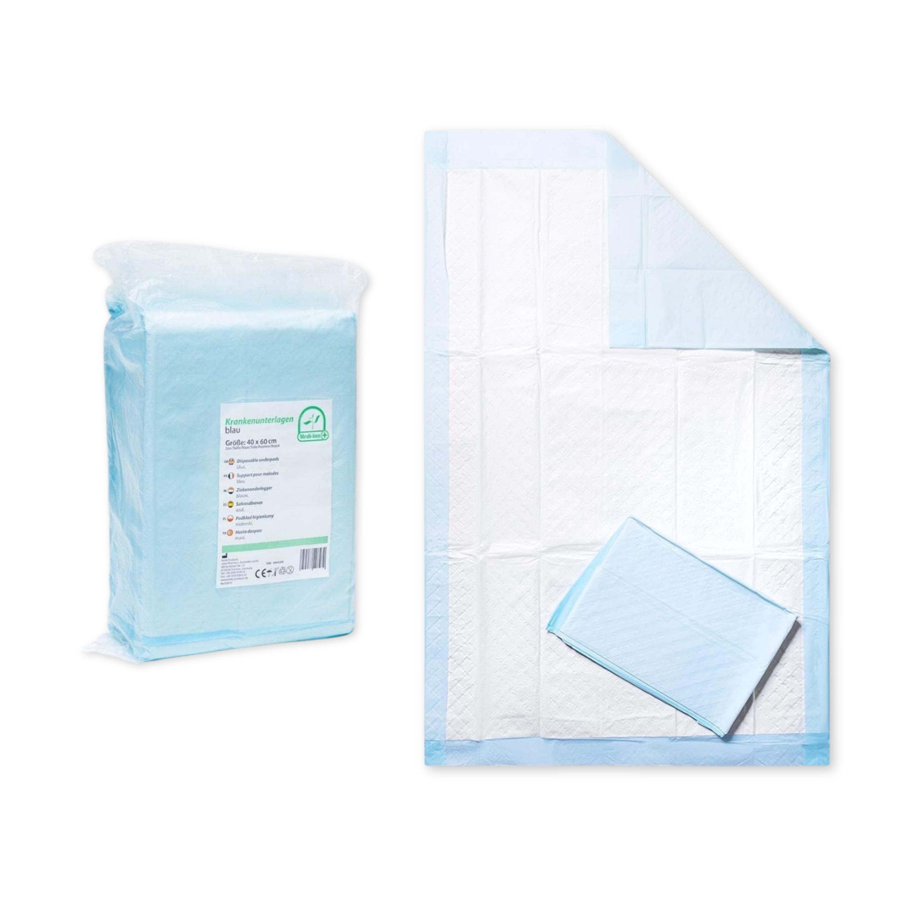Packung Krankenunterlagen, blau-weiß. Eine Unterlage ausgebreitet, eine weitere gefaltet. Aufschrift auf der Verpackung.