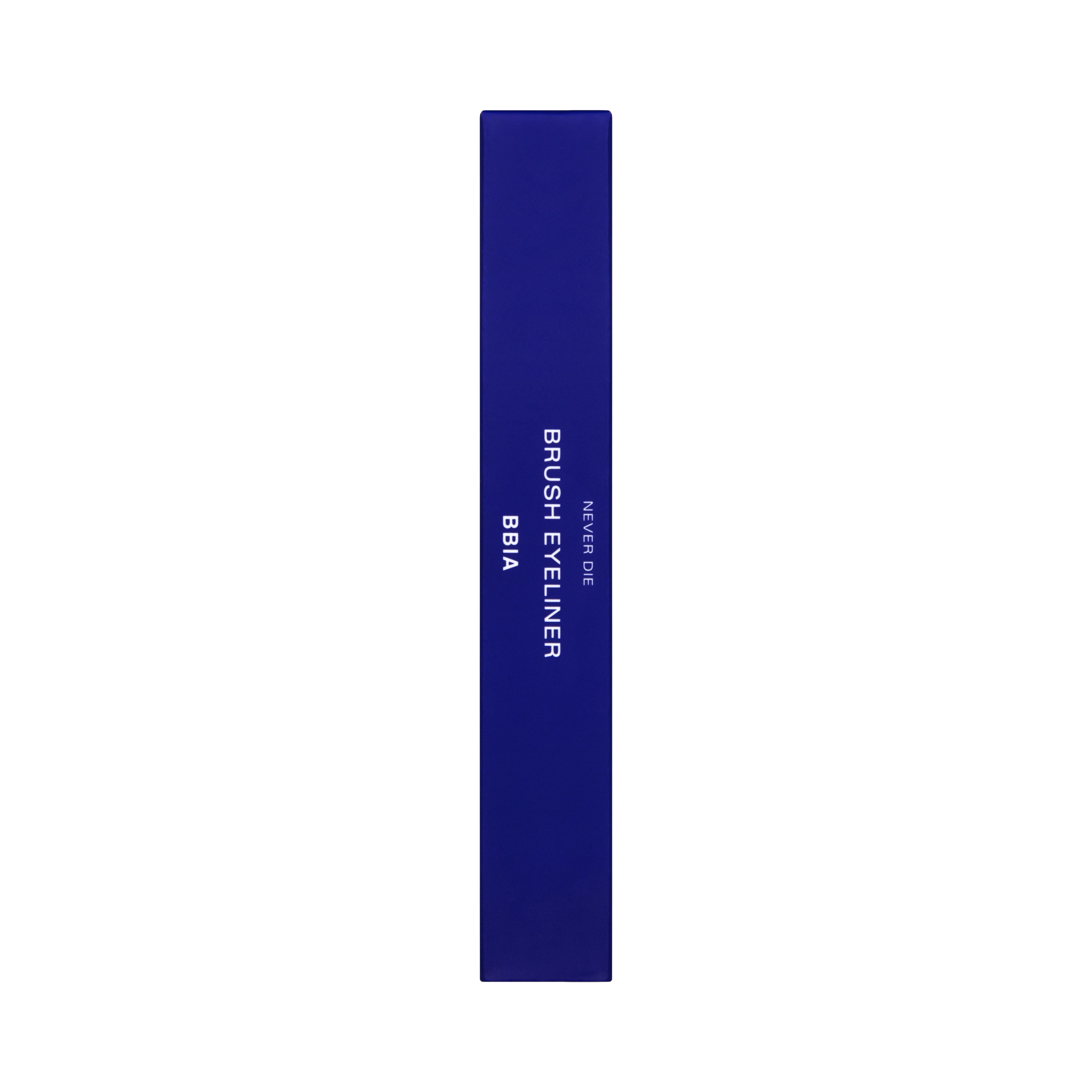 Blaue Verpackung mit Produktinformationen. Enthält 'BRUSH EYELINER' und 'BBIA NEVER DIE'.