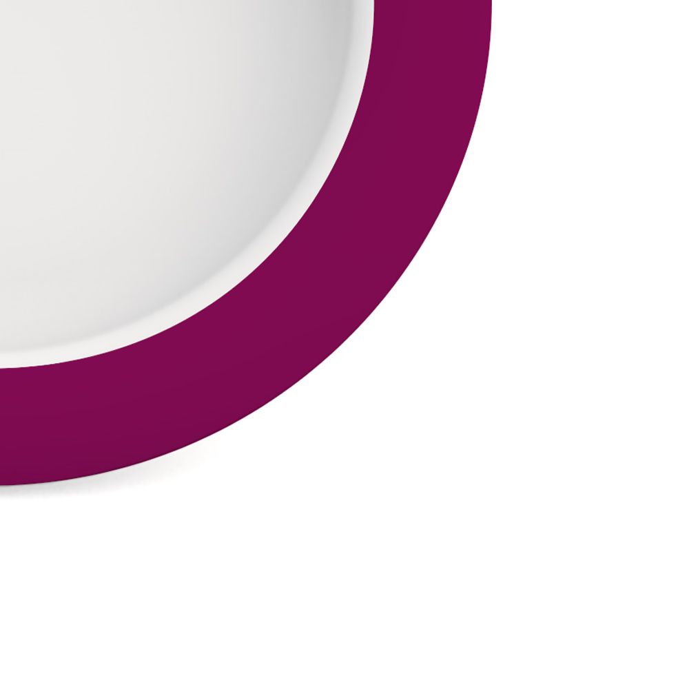 Ausschnitt eines Tellers mit weißer Innenfläche und violettem Rand.